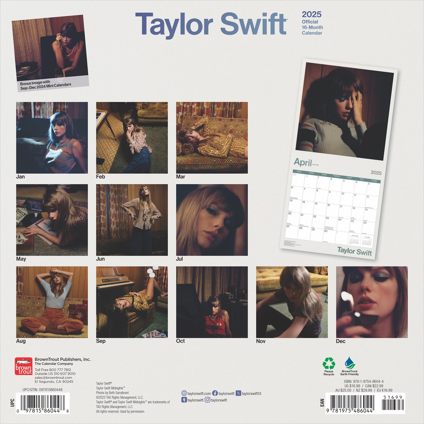 Taylor Swift OFFICIAL | 2025 12 x 24 Inch Monthly Square Wall Calendar | BrownTrout | Music Pop Singer Songwriter Celebrity