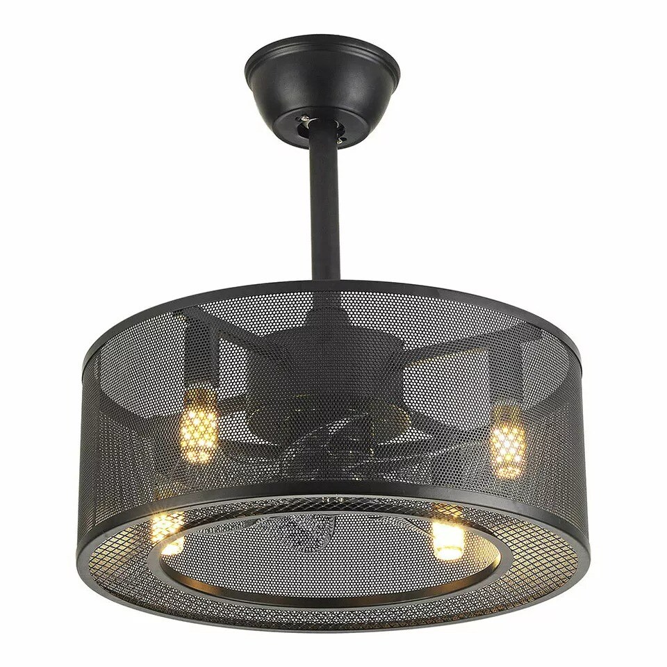 18 Inch Ceiling Fan Light Cage Enclosed Pendant Lamp Industrial Chandelier Black