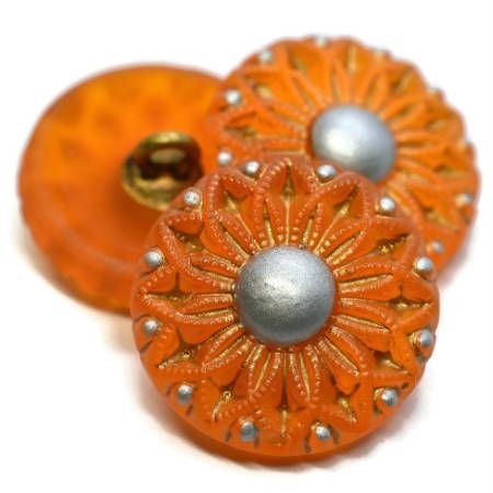 18mm Collarette Flower Button Matte Orange with Grey Accents - Czech Glass Buttons