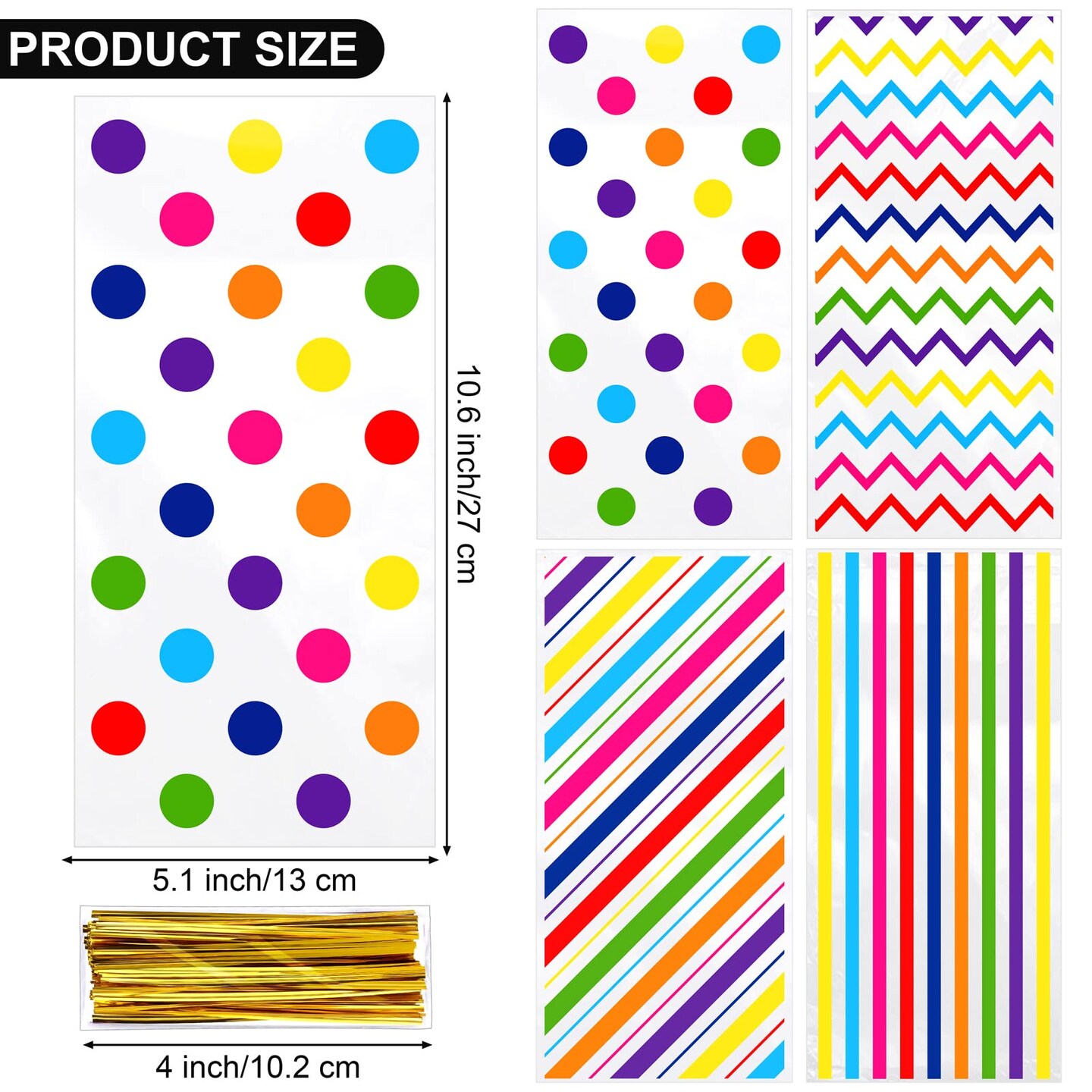 100 Pieces 10.6 x 5.1 In Rainbow Cellophane Bags Plastic Candy Gift Bags Cellophane Treat Bags with Twist Ties Stripes Polka Dot Printed Pattern Goodie Bags for Birthday Weddings Party Favors