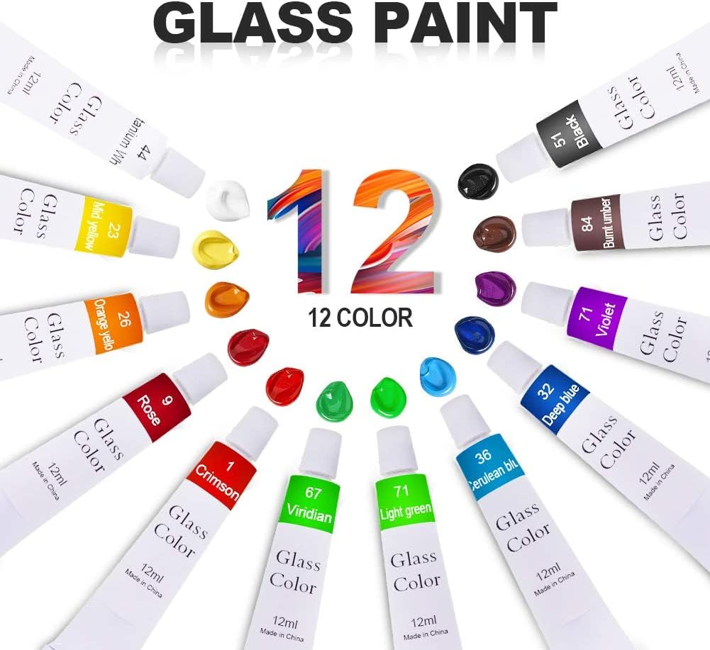 12 Pieces Stained Glass Paint Kit with Palette,Transparent Glass Window Paint Acrylic Paint Set Great for Wine Bottle, Light Bulbs, Ceramic ( 12ml)