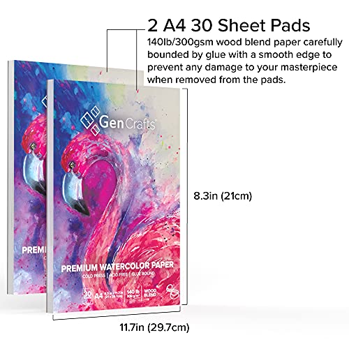 2 Pack Watercolor Paper Pad  - A4 8.3x11.7&#x22; - 60 Sheets Total (140lb/ 300gsm) - Cold Press Acid Free Art Sketchbook Pad for Painting &#x26; Drawing, Wet, Mixed Media