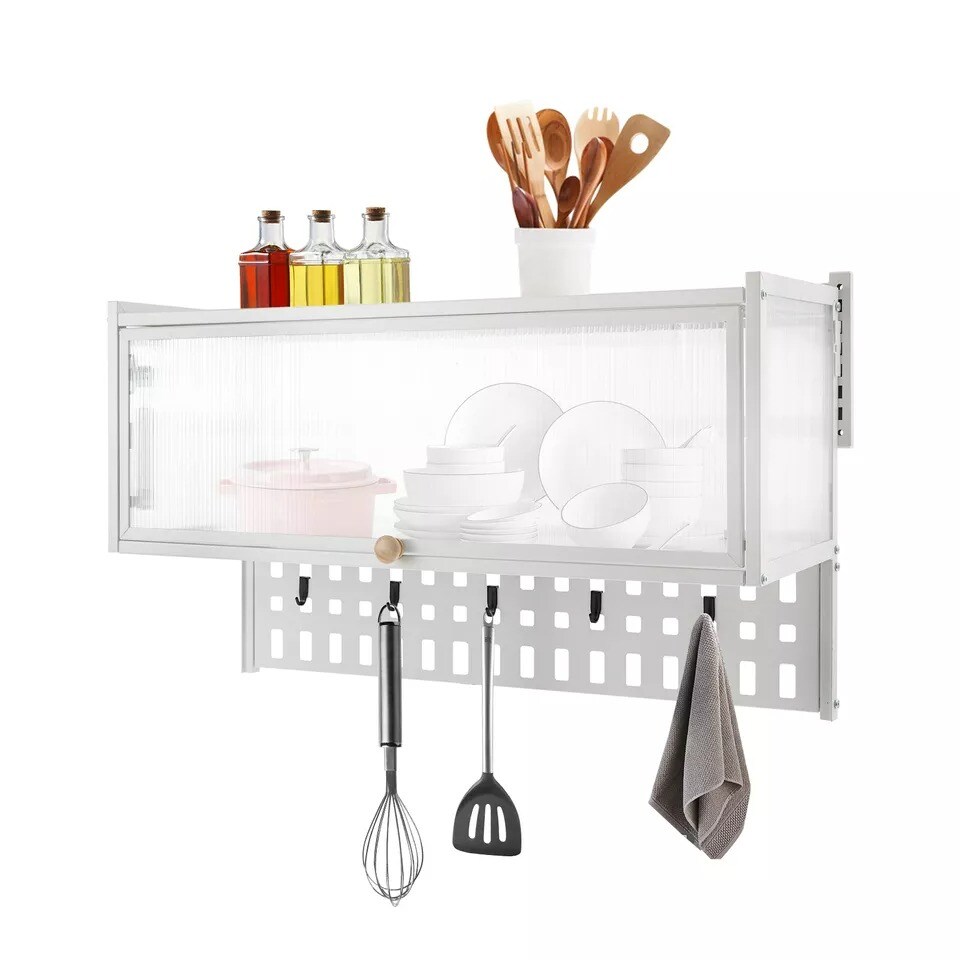 Wall Mount Storage Cabinet Kitchen Cookware Hanging Organizer Cupboard w/Hooks