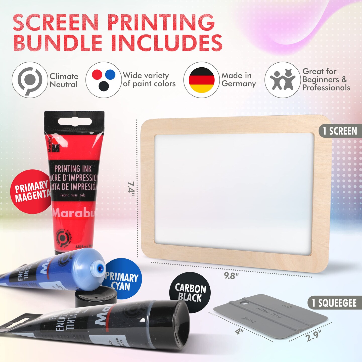Screen Print Kit with Reusable Wooden Frame, 1 Screen Printing Squeegee, and 3 x 100ml Ink - Silk Screen Printing Kit for Beginners