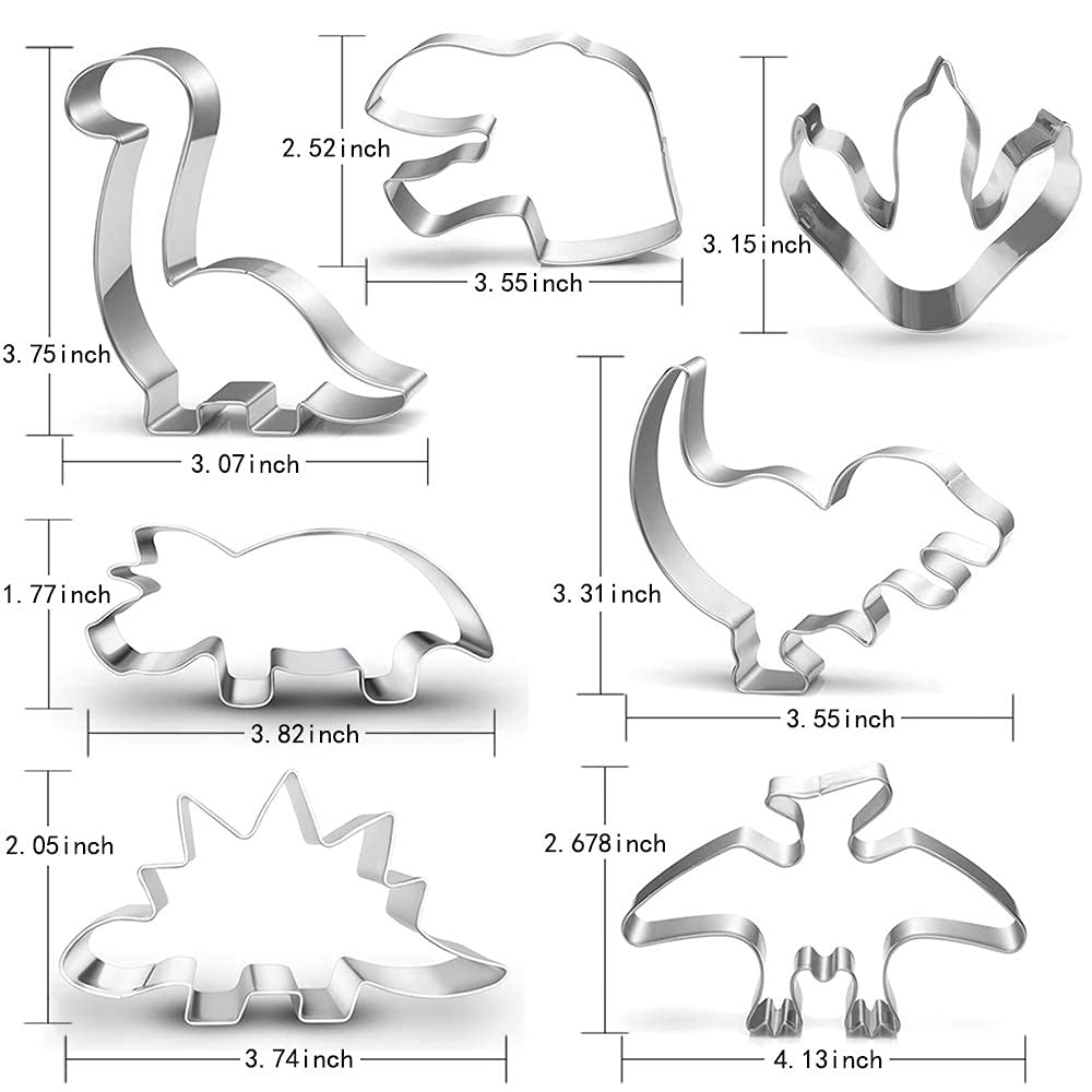 7 Pieces New Dinosaur Cookie Cutter Set -Dinosaur Footprint and Head, Tyrannosaurus(T-Rex), Brontosaurs, Spinosaurus, Triceratops, Pterodactyl, Baking Mold for Kids Dinosaur Birthday Party