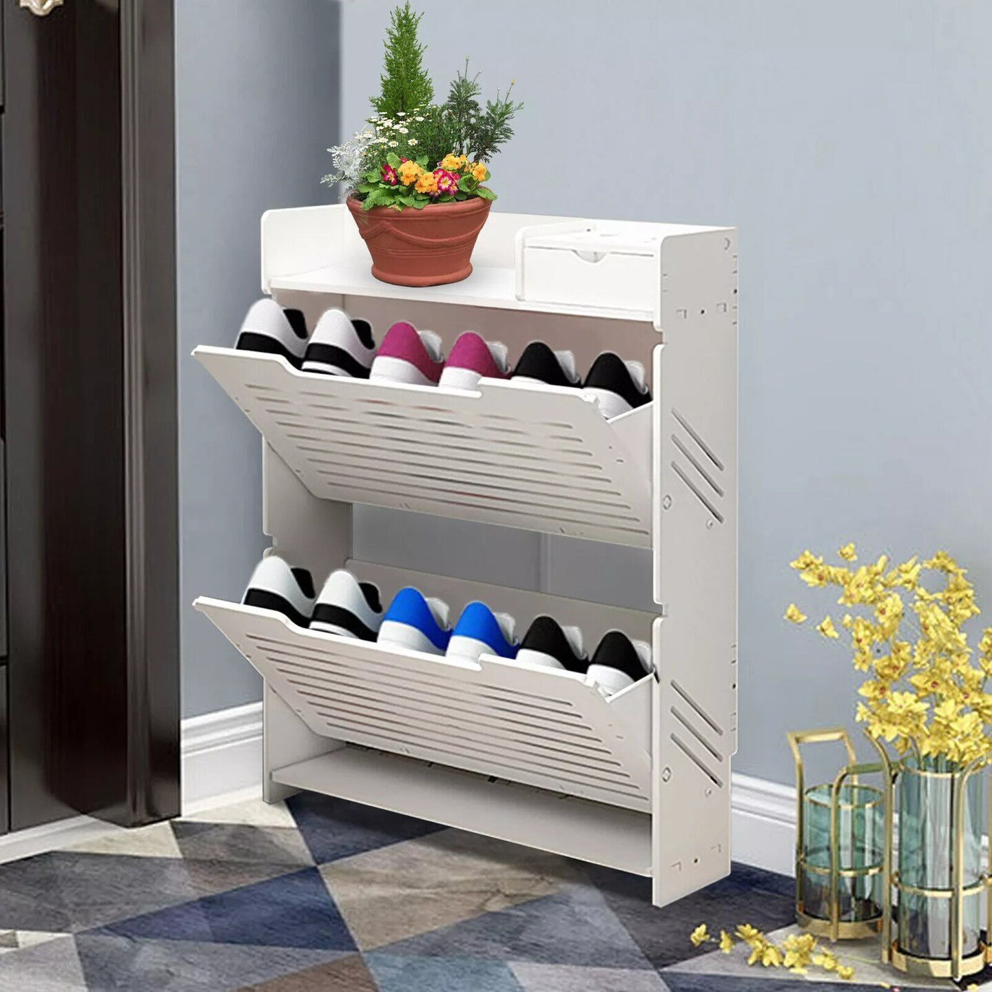 2-Tiers Flip Drawer Shoe Storage Cabinet Organizer PVC Narrow Shoe Rack Stand