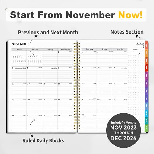 2024 Weekly and Monthly Planner - from January 2024 - December 2024, 8.5&#x22;x11&#x22; Daily Agenda Planner with Monthly Tab, Flexible Cover, Note Pages, Pockets, Bookmark, Spiral Binding, Black