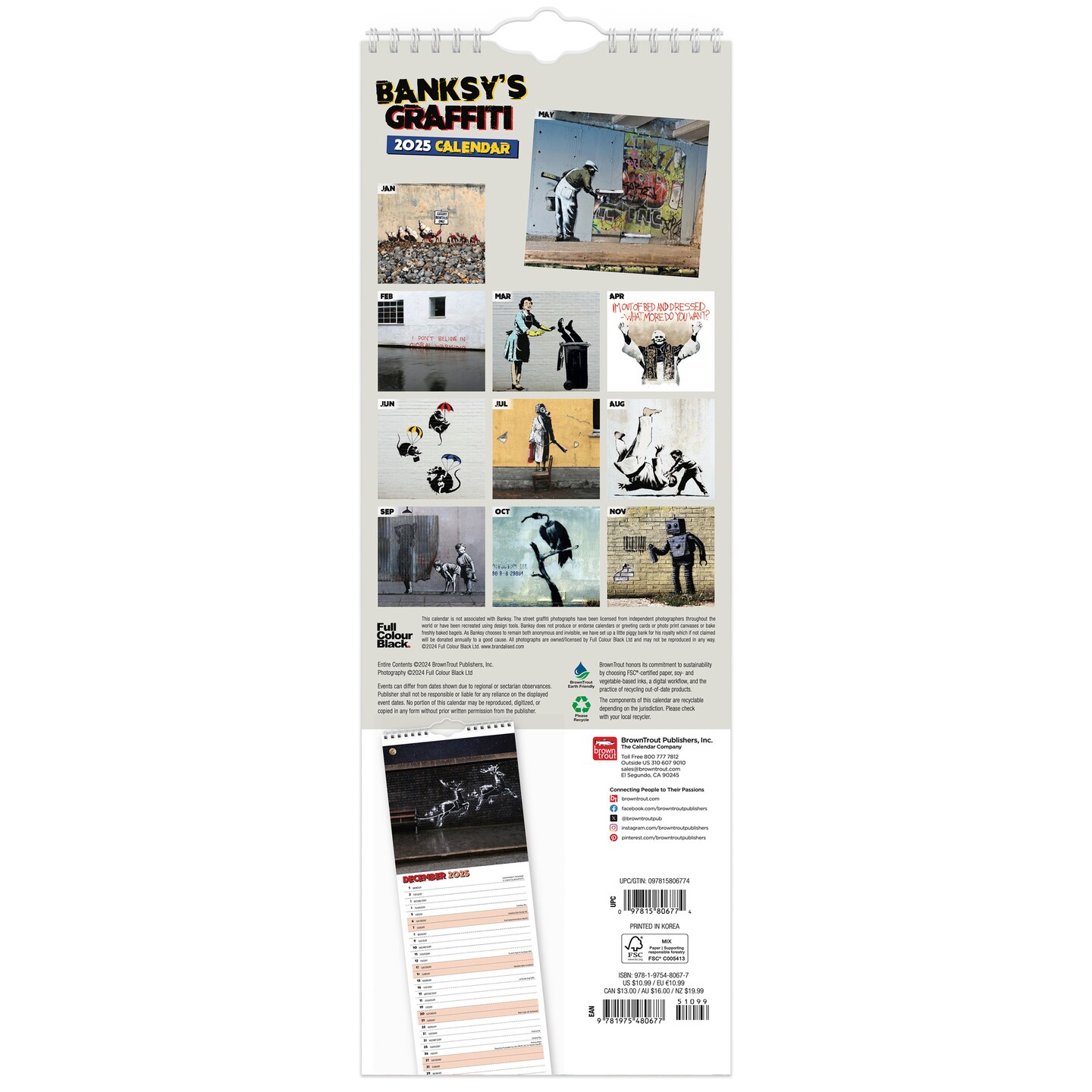Banksy&#x27;s Graffiti OFFICIAL | 2025 5.7 x 16.5 Inch Monthly Slimline Wall Calendar | BrownTrout | Drawings Street Art Design