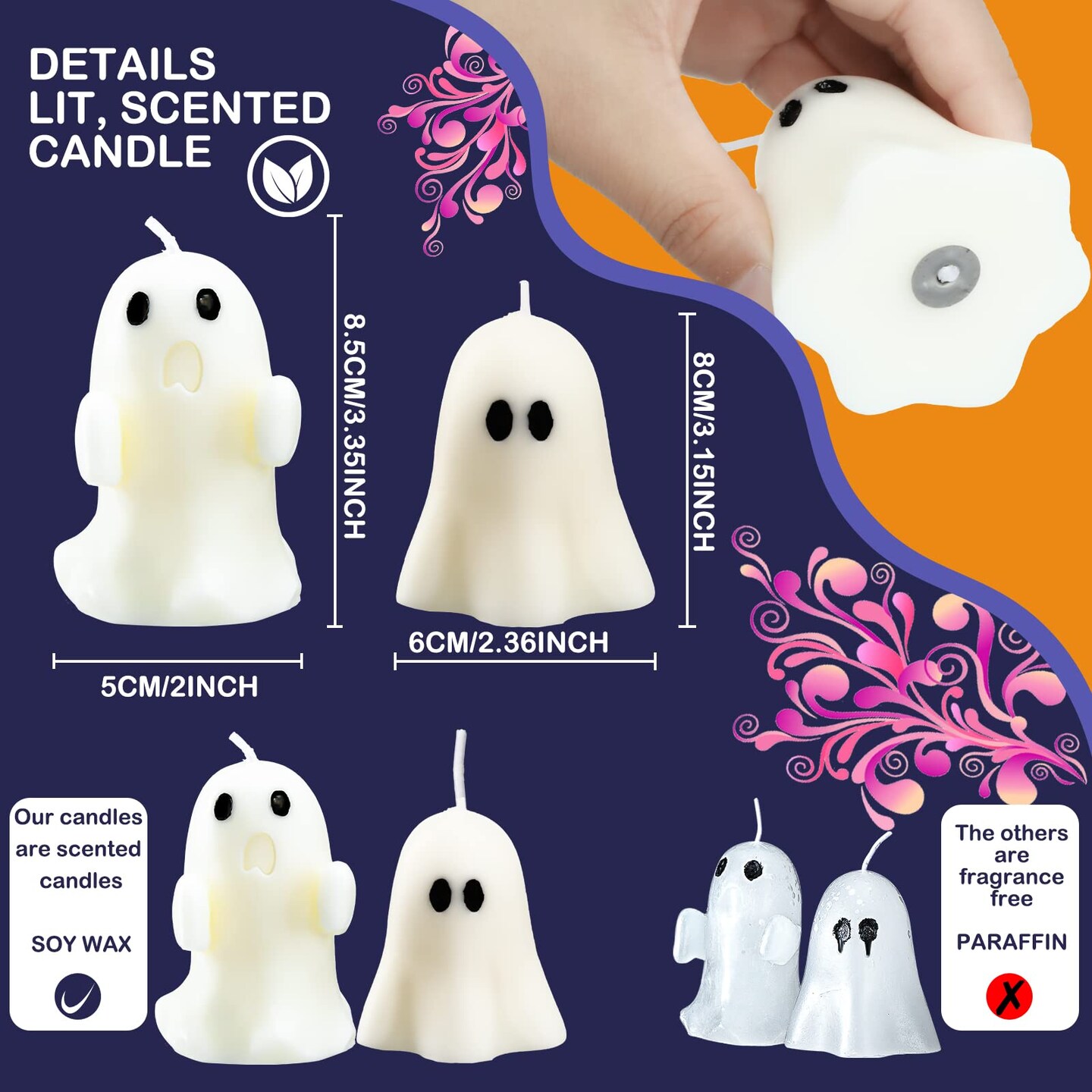 4 Pieces Large Halloween Ghost Candles Ghost Scented Candles White Candles Spooky Candles Gifts for Ghost Decor Home Decor Halloween Party Bedroom Room Table Decorations, 2 Style