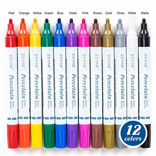 12 colors Acrylic Paint Pens for Porcelain, Professional Ceramic painting, Water-based, Medium Point, Water and Fade Resistant, DIY on Mugs and other Ceramics for Permanent Collection