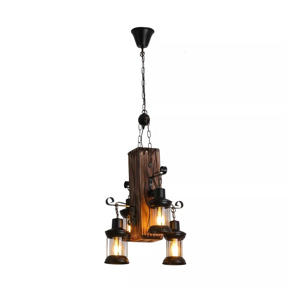 4-Light Vintage Farmhouse Wood Chandelier Pendant Lighting Kitchen Bar Fixture