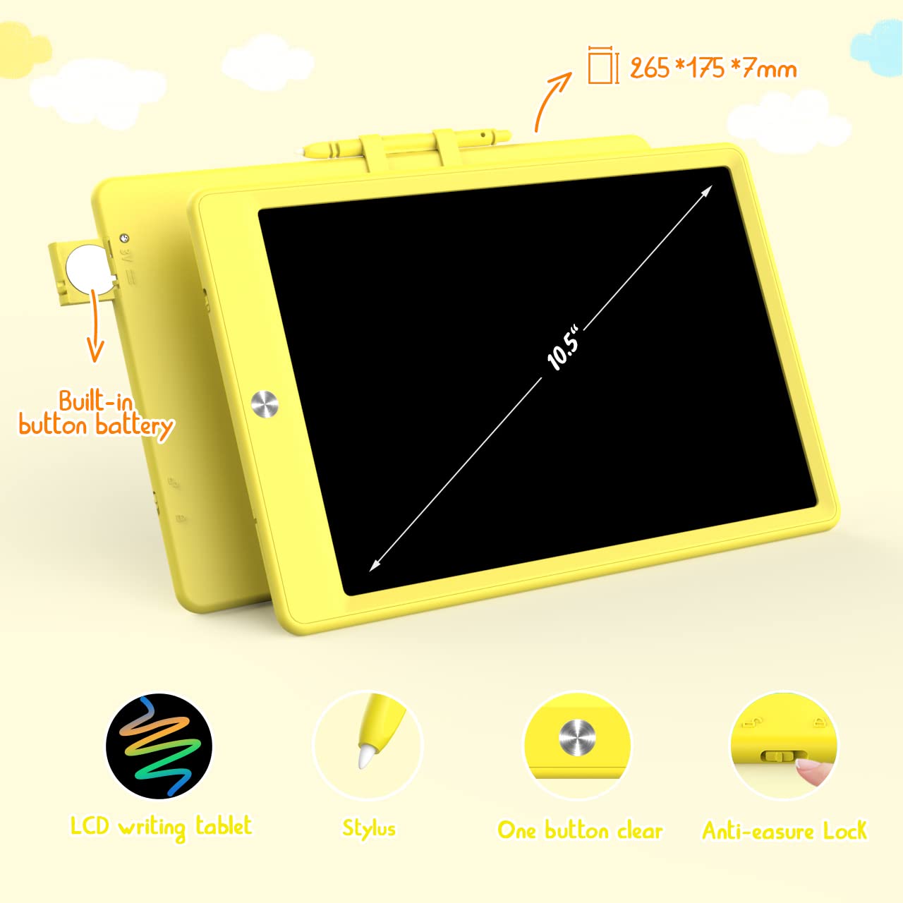 LCD Writing Tablet Doodle Board,10.5 inch Colorful Drawing Pad,Electronic Drawing Tablet, Drawing Pads,Travel Gifts for Kids Ages 3 4 5 6 7 8 Year Old Girls Boys (Yellow)