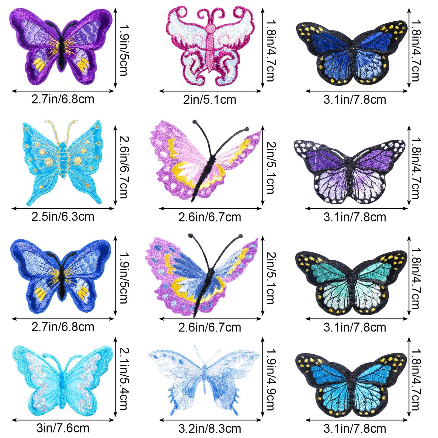 12 Pieces Butterfly Patch Sew On, PAGOW Butterfly Embroidered Iron On Patches, Iron Sew On Embroidered Applique Decoration Sewing Patches for Bags, Jacket, Jean, Clothes DIY Patches,12 Bright Color