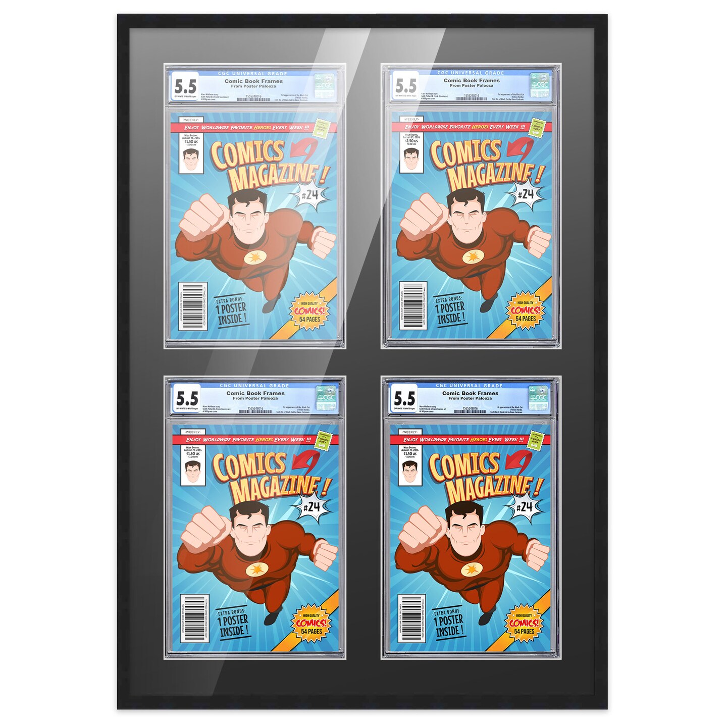 Comic Book Frame with Mat for 4 Graded Comics - Black Wood Comic Frame With Black Mat for 8.125x13 Comics - 20.75x30.5 Frame Size