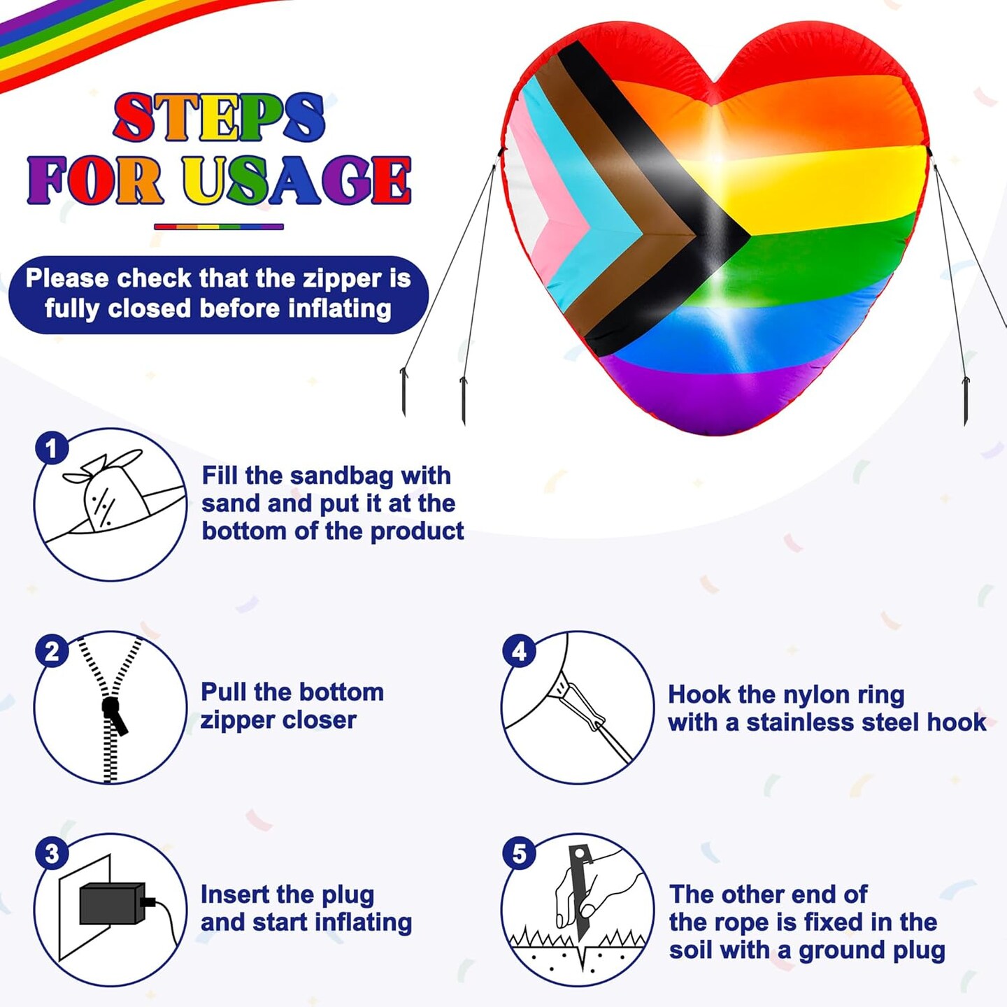 4 FT Pride Inflatables, LGBT Progress Flag Inflatable Decoration, Blow Up Heart Shape Decor for Pride Month, LED Lighted Pride Love Rainbow Yard Decor for Lesbian Gay LGBTQ Community Party Parade