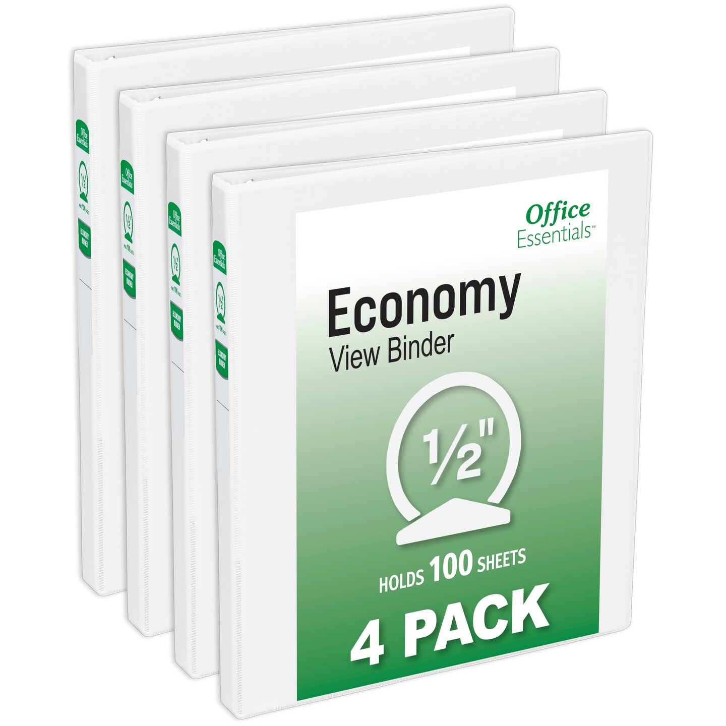 Office Essentials Economy View 3 Ring Binders, 0.5&#x22; Round Rings, 0.7&#x22; Spine, 100-Sheet Capacity, White Binders (4-Pack of 03124)