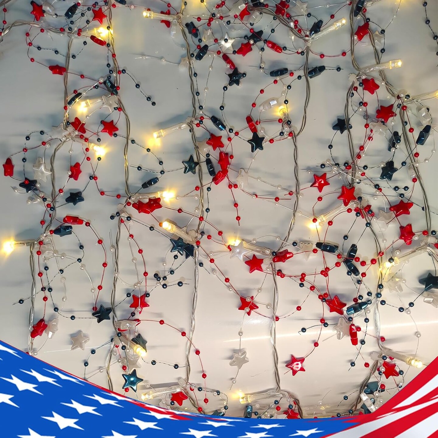 14Ft 40 LED Red White Blue Star Garland with Lights for 4th of July Decorations