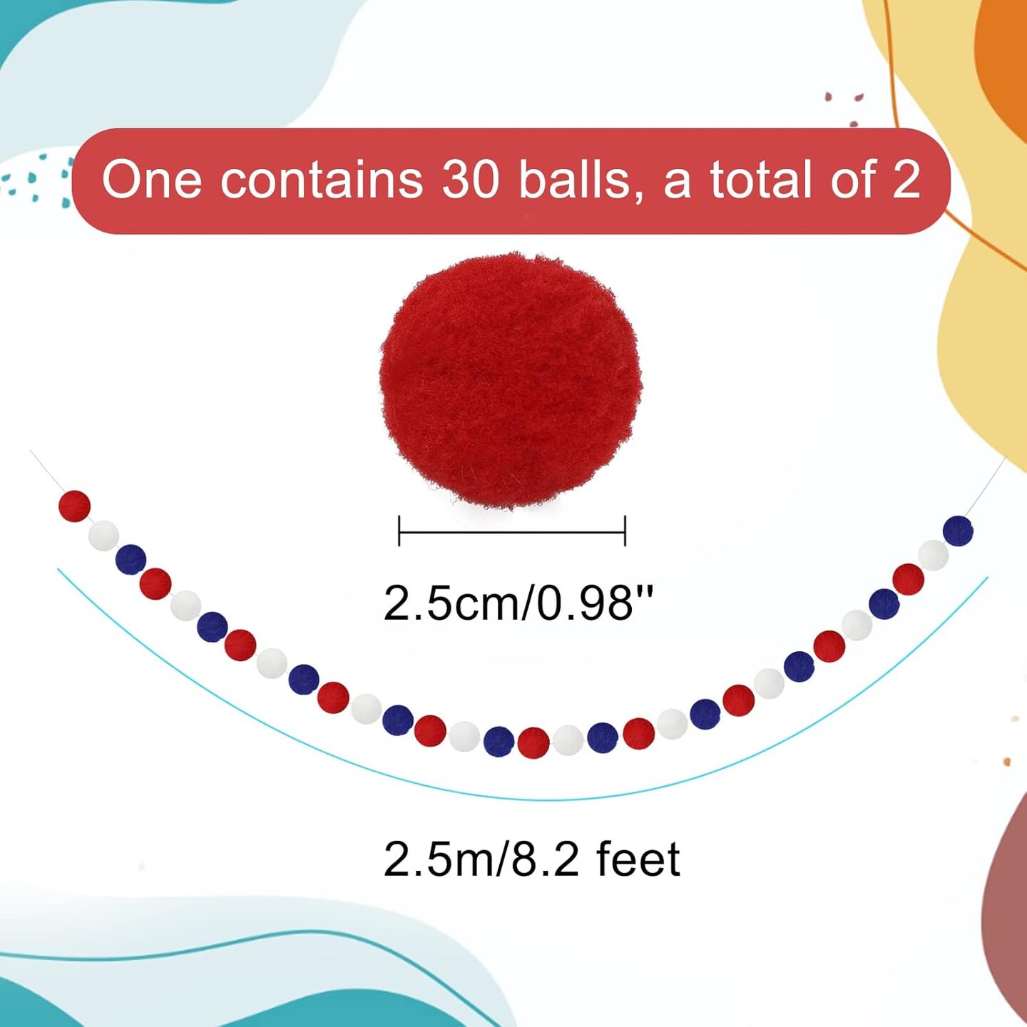 2-Pack Red, White, & Blue Pom Pom Garland (16.4 Ft Total) - Patriotic Felt Ball Bunting with 60 Soft Poms - Independence Day Decor for 4th of July, Veterans Day, Graduation, and Baby Showers