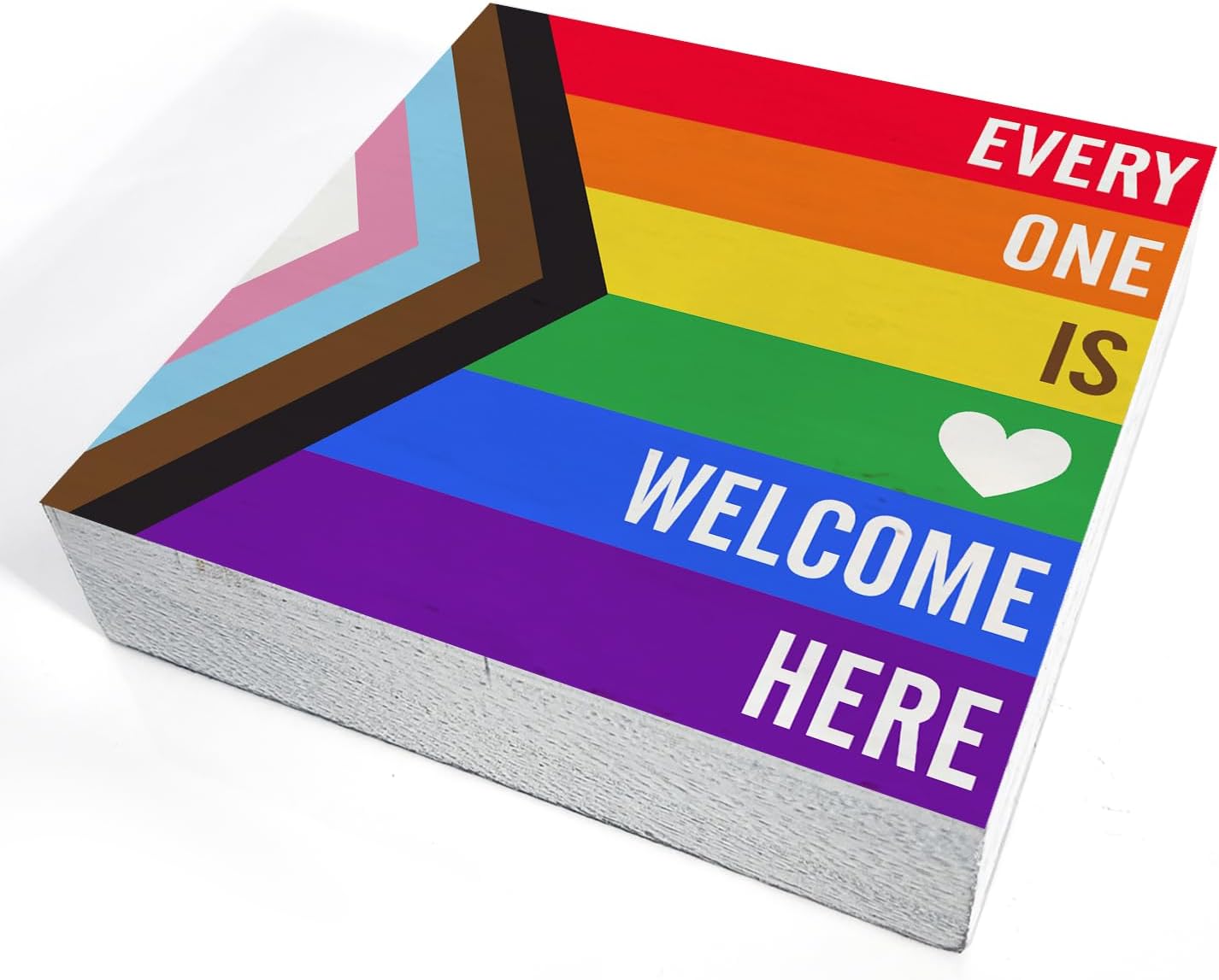 Rainbow Everyone is Welcome Here Wooden Box Sign Desk Decor LGBTQ Gay Pride Flag Wood Block Plaque Box Signs Gift for Home School Shelf Table Decoration (5 X 5 Inch)