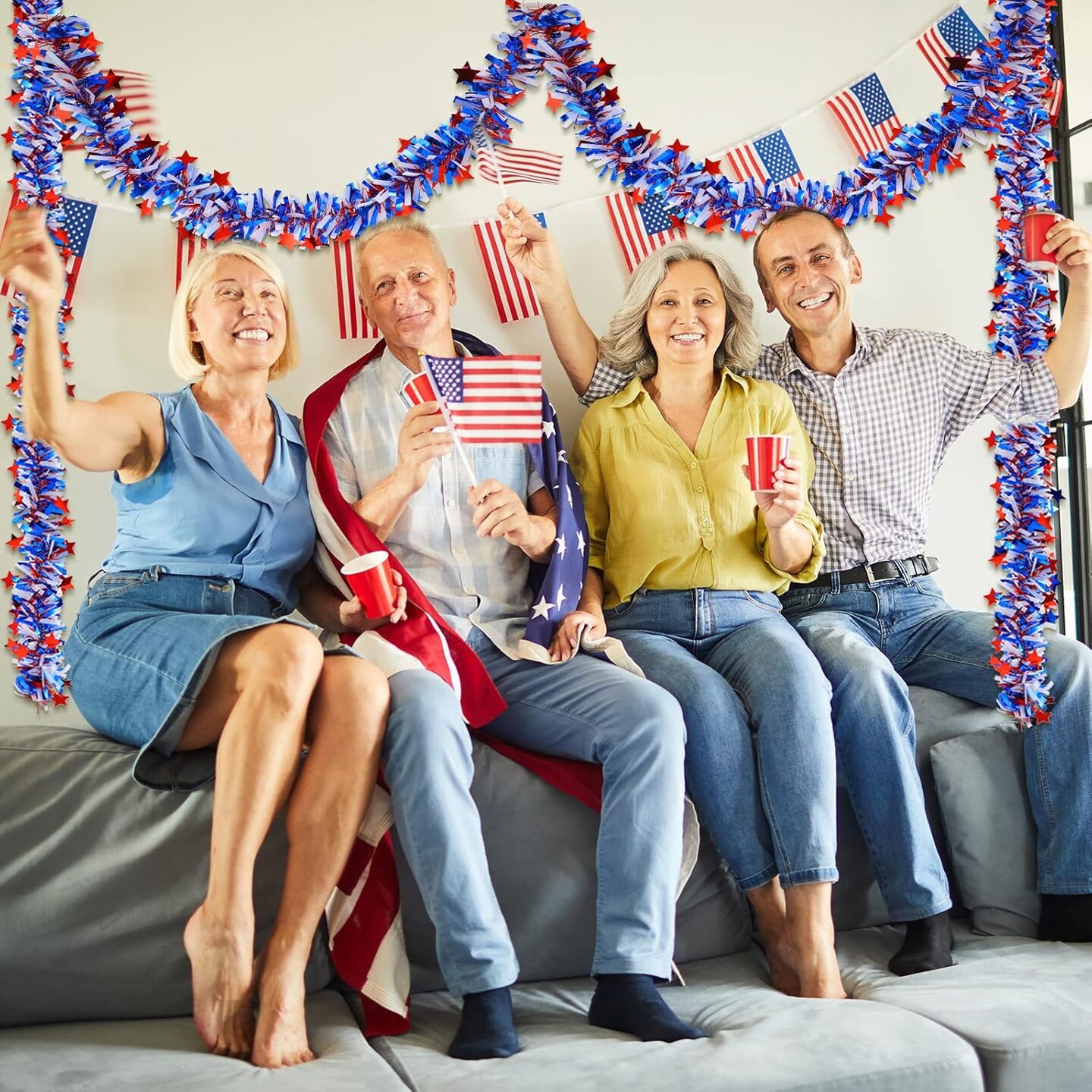 19.7 Feet Red White Blue Tinsel Garland for 4th of July Decorations