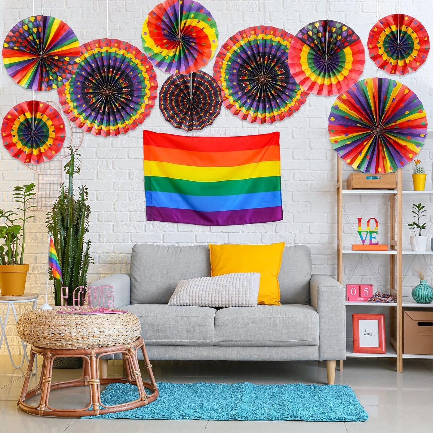 9 Pcs Gay Pride Hanging Paper Fans Decorations Rainbow Love Heart Paper Fans Ceiling Wall Garlands for Gay Pride Rainbow Party LGBT Celebration Decorations