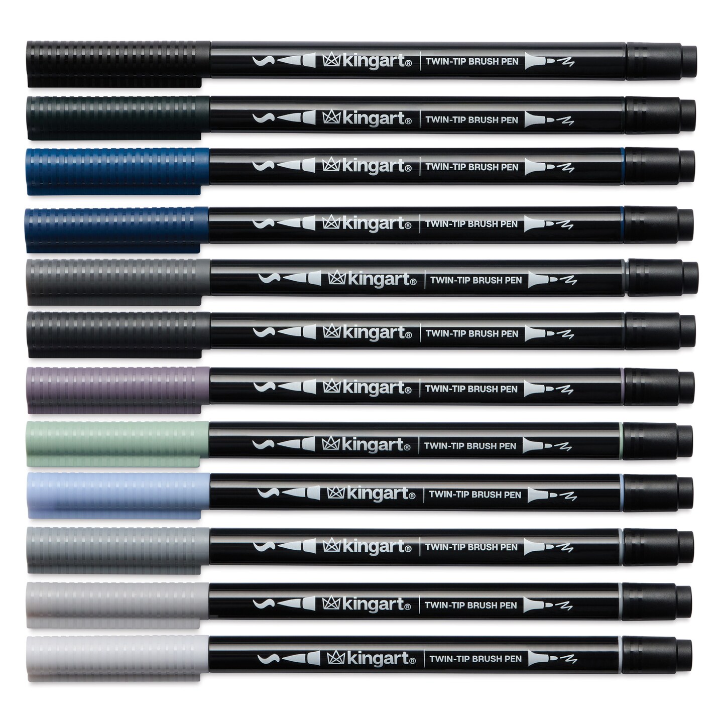 Kingart Twin-Tip Brush Pen Set - Grayscale, Set of 12
