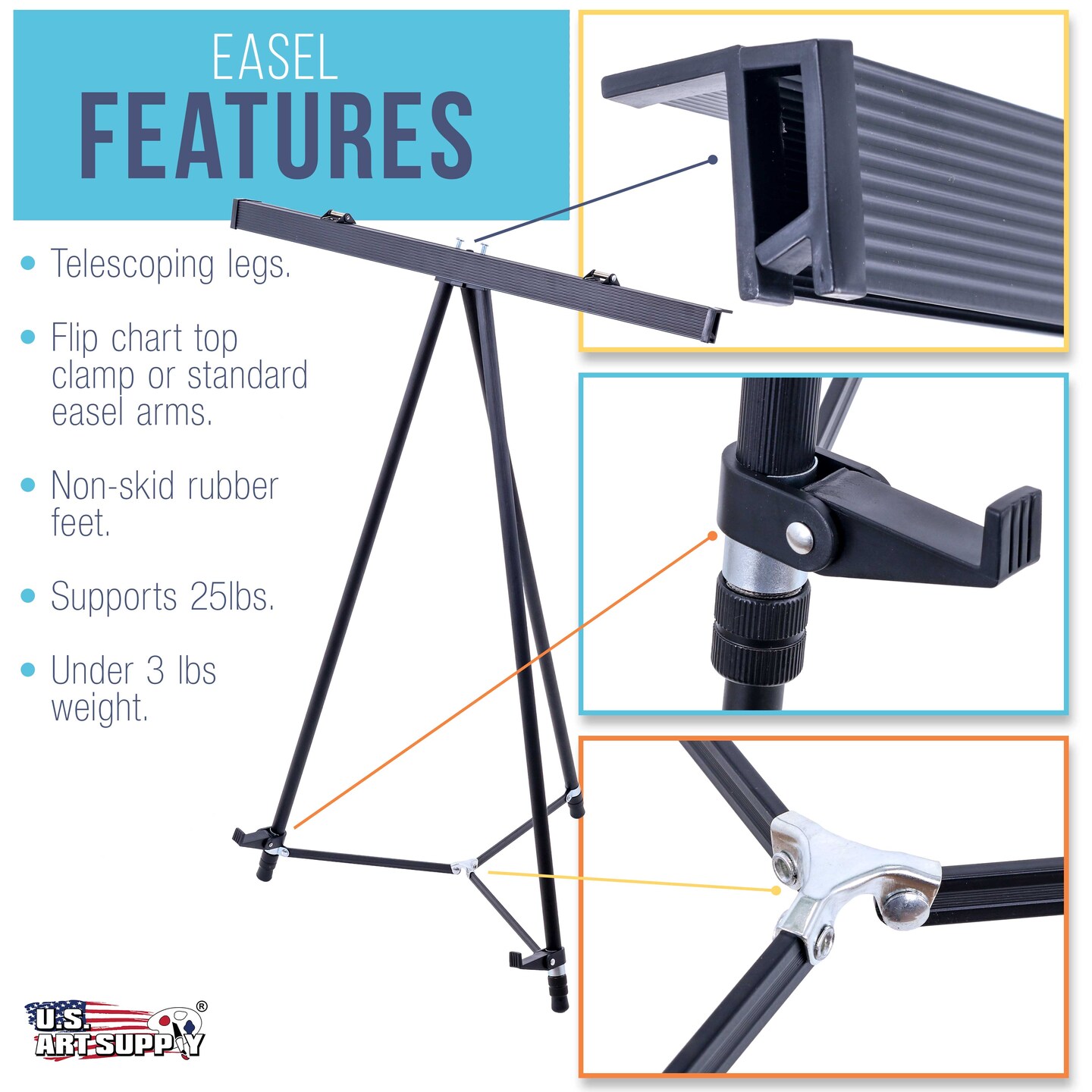 66&#x22; High Boardroom Black Aluminum Flip Chart Easel &#x26; Presentation Stand - Adjustable Floor/Tabletop, Portable Tripod, Holds 25 lbs., for Chart Paper, Poster Boards, &#x26; Pads