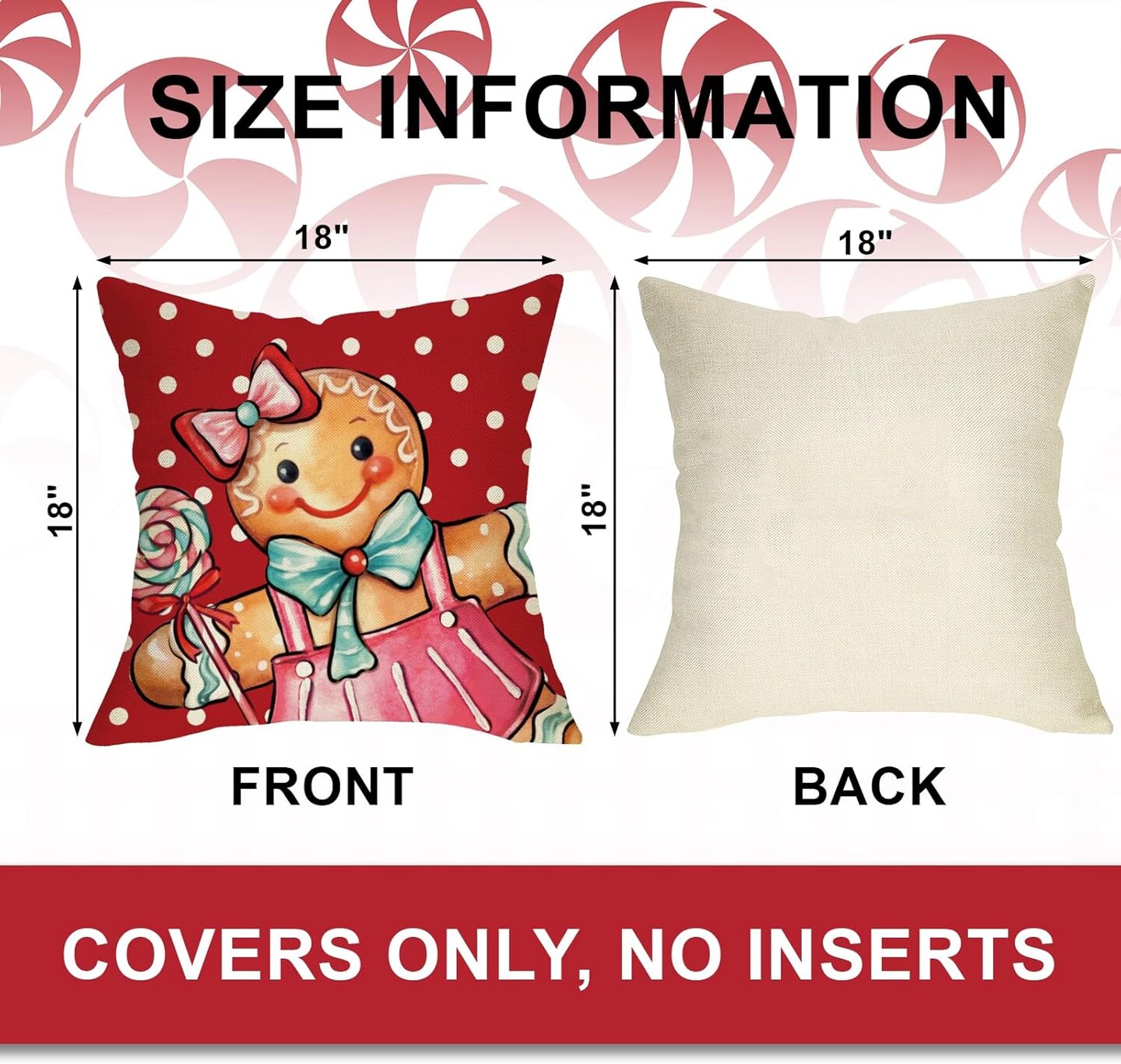 Merry Christmas Gingerbread Man Decorative Throw Pillow Covers 18x18 Set of 4, Xmas Peppermint Candy Polka Dot Stripe Red Cushion Case Decor, Holly Jolly Winter Holiday Home Decoration for Sofa