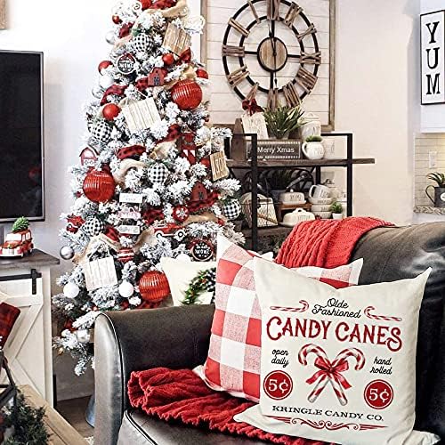 Farmhouse Christmas Pillow Covers 18x18 Set of 4 Rustic Winter Holiday Xmas Decor Christmas Decorations Cushion Cases for Couch Tree Candy Canes Cocoa Sleigh Rides (18&#x22;x18&#x22;)