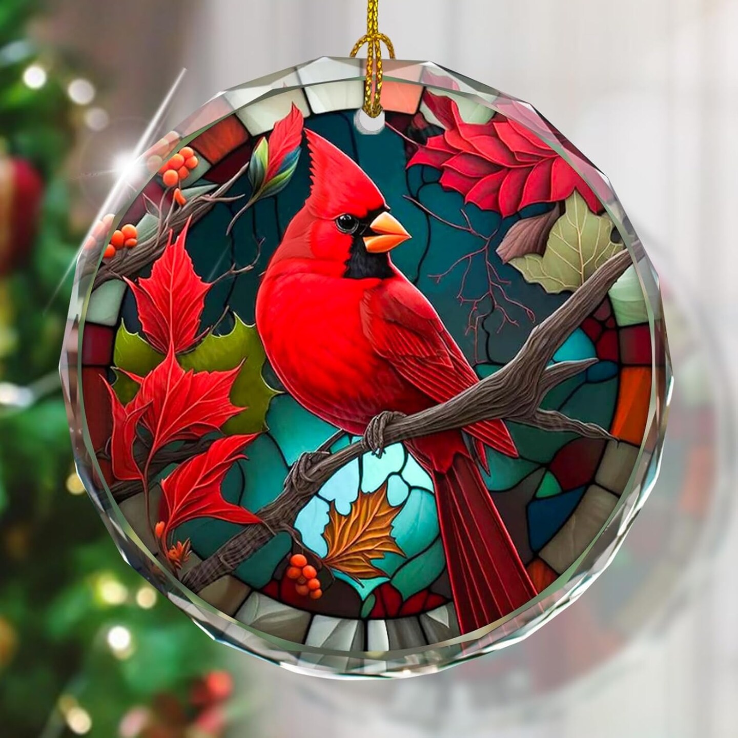 Cardinal Stained Glass Ornament - Christmas Tree Decorations, Cardinal Ornaments for Christmas Tree, Gift Exchange