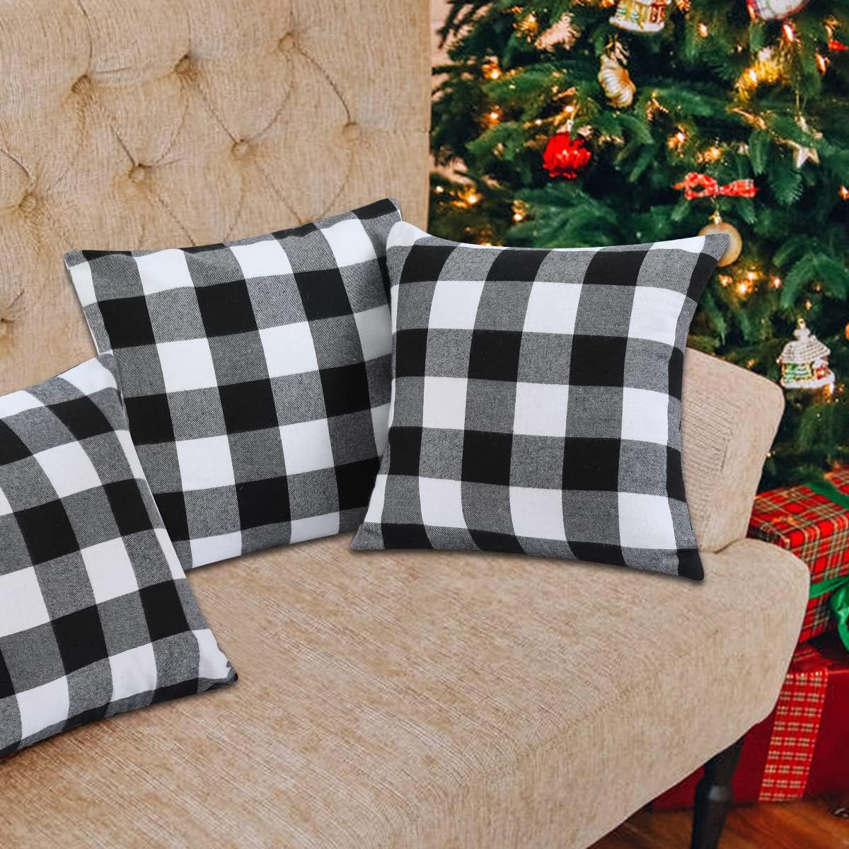 Christmas Pillow Covers - Set of 4 Buffalo Black and White Plaid Throw Pillow Covers, 18 x 18 Inches Cotton Pillow Cover Christmas Decorative Cushion Case for Sofa Couch Christmas Home Decor