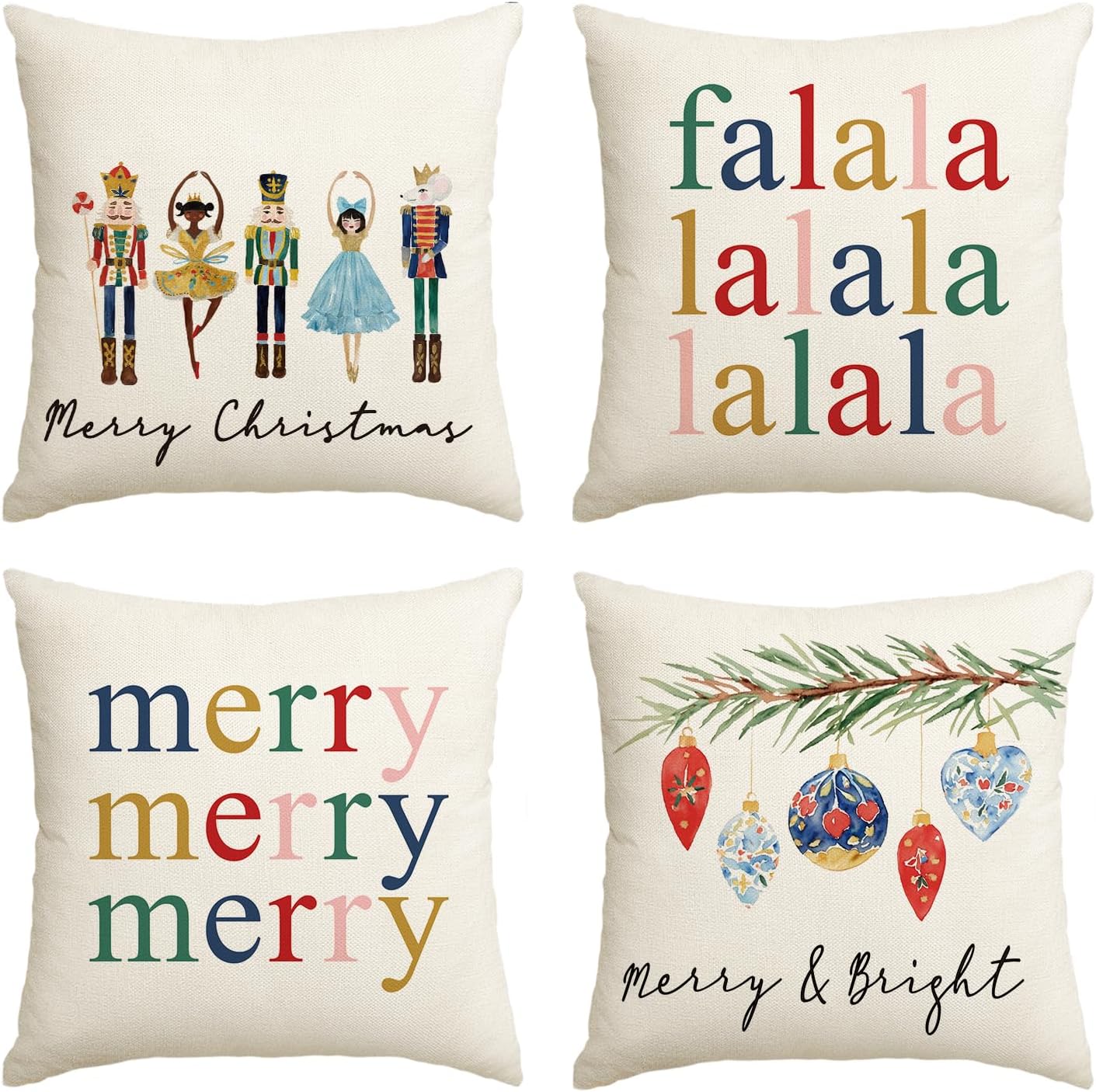 Merry Christmas Nutcracker Throw Pillow Covers, 18x18 Inch – Set of 4 Winter Holiday Cushion Cases for Sofa, Couch, Party Décor