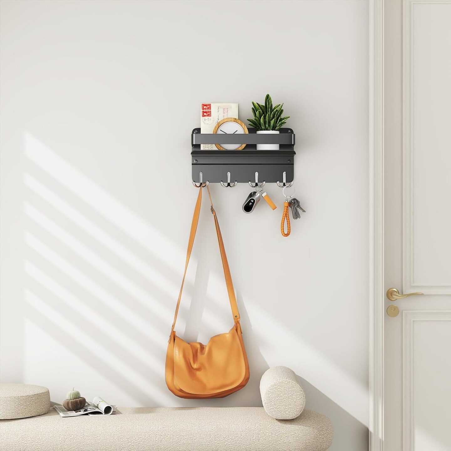 Black Metal Wall-Mounted Key and Mail Holder with Shelf – Heavy-Duty Aluminum Entryway Organizer with 8 Hooks, Wallet & Sunglasses Storage Rack (Black)