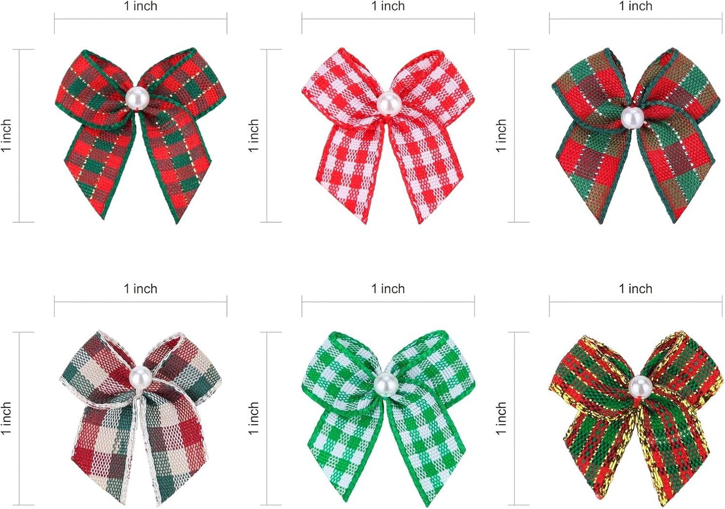 60pcs Mini Ribbon Bows with Pearl Ribbon Flowers Appliques DIY Craft for Sewing, Scrapbooking, Wedding, Gift,Christmas Decoration (red Green Plaid)
