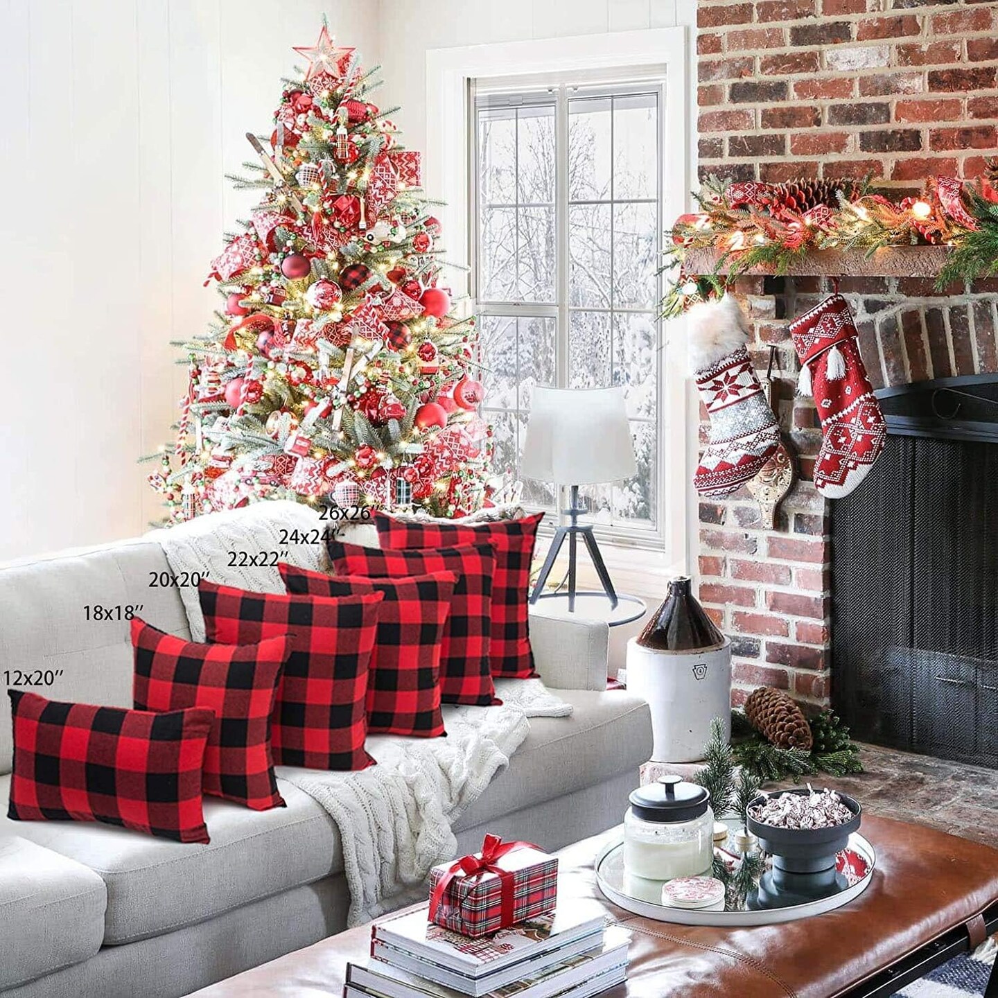 Set of 2 Christmas Buffalo Check Plaid Throw Pillow Covers Cushion Case Polyester for Farmhouse Home Decor Red and Black, 18 x 18 Inches