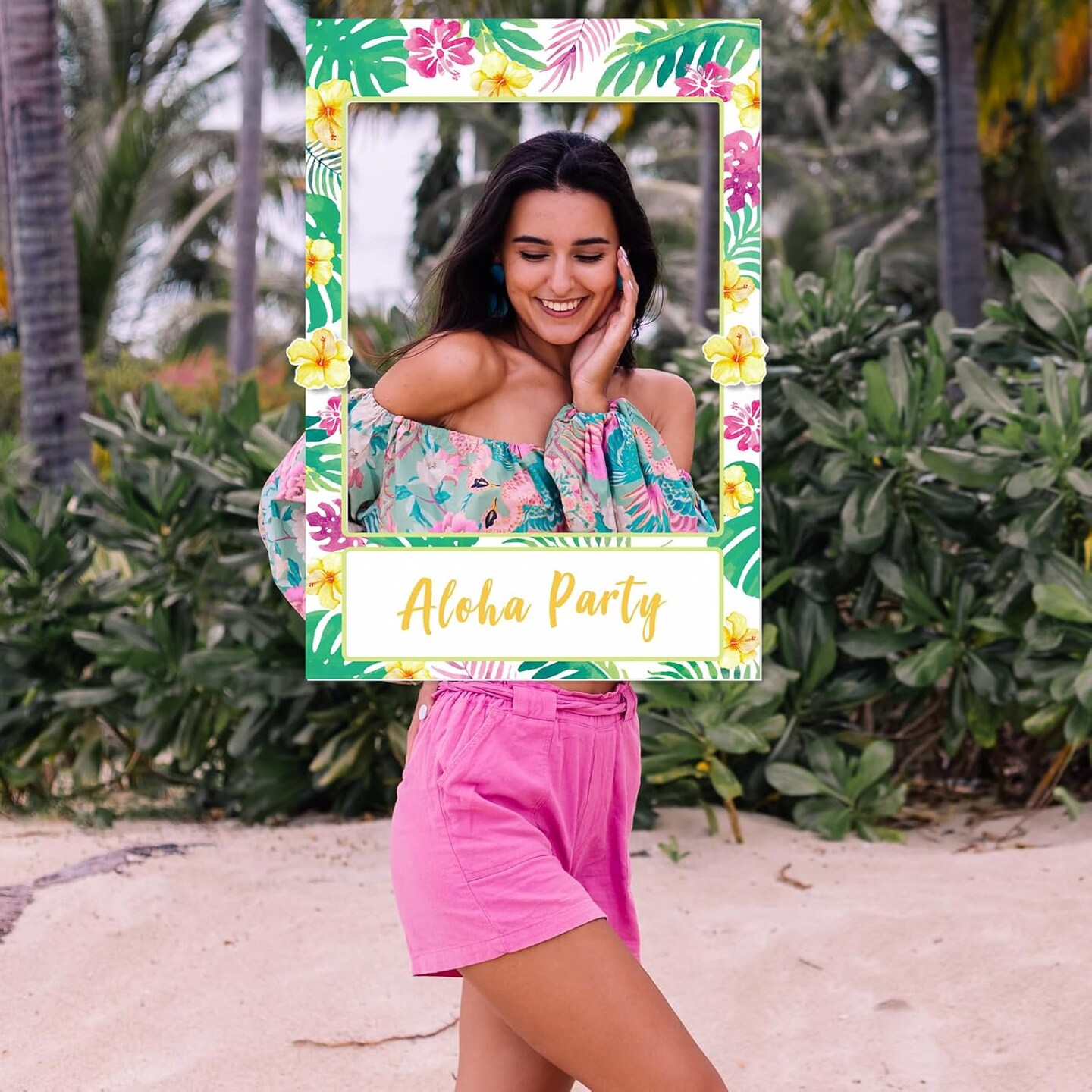 2 in 1 Luau Photo Booth Props Frame Party Supplies: Hawaiian Tropical Tiki Birthday Baby Shower Bridal Shower Wedding Decorations (Assembly Needed)