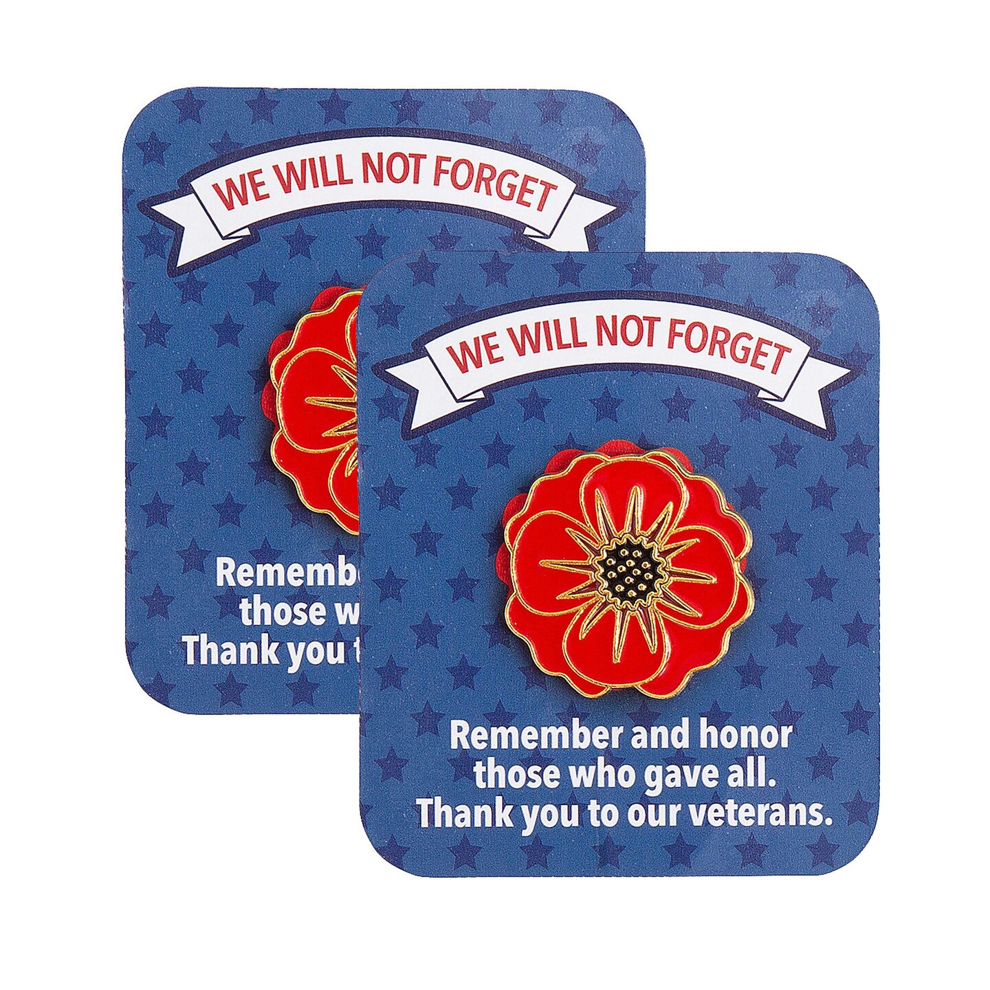 4th of July Patriotic Red Poppy Flower Metal Pins with Card 12 Pieces