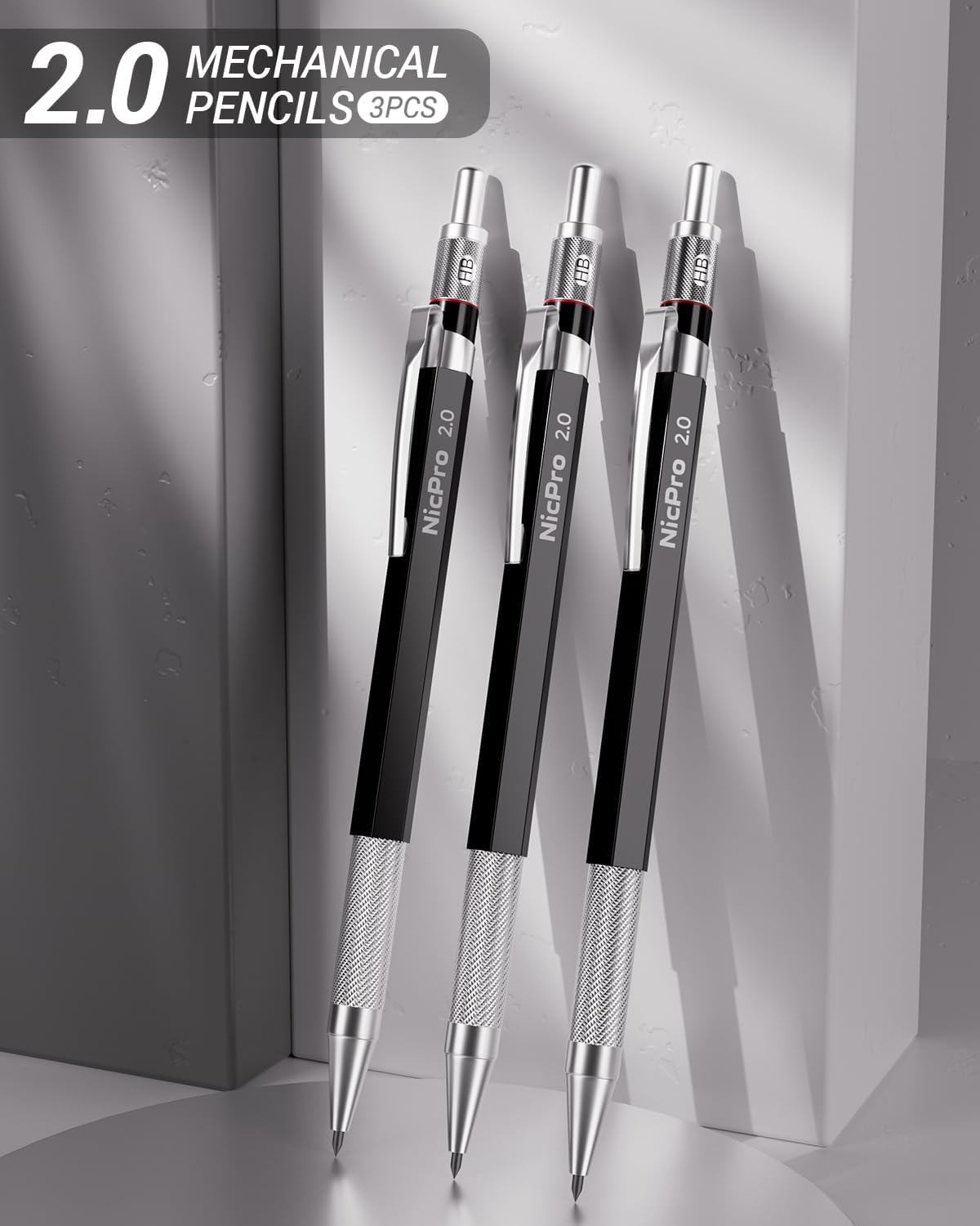 2mm Metal Mechanical Pencil Set with Case, 3PCS Lead Pencil Holder 2.0 mm with 144PCS Lead Refills (4H 2H HB 2B 4B 6B Color), Eraser, Sharpener for Drafting Writing Drawing Sketching