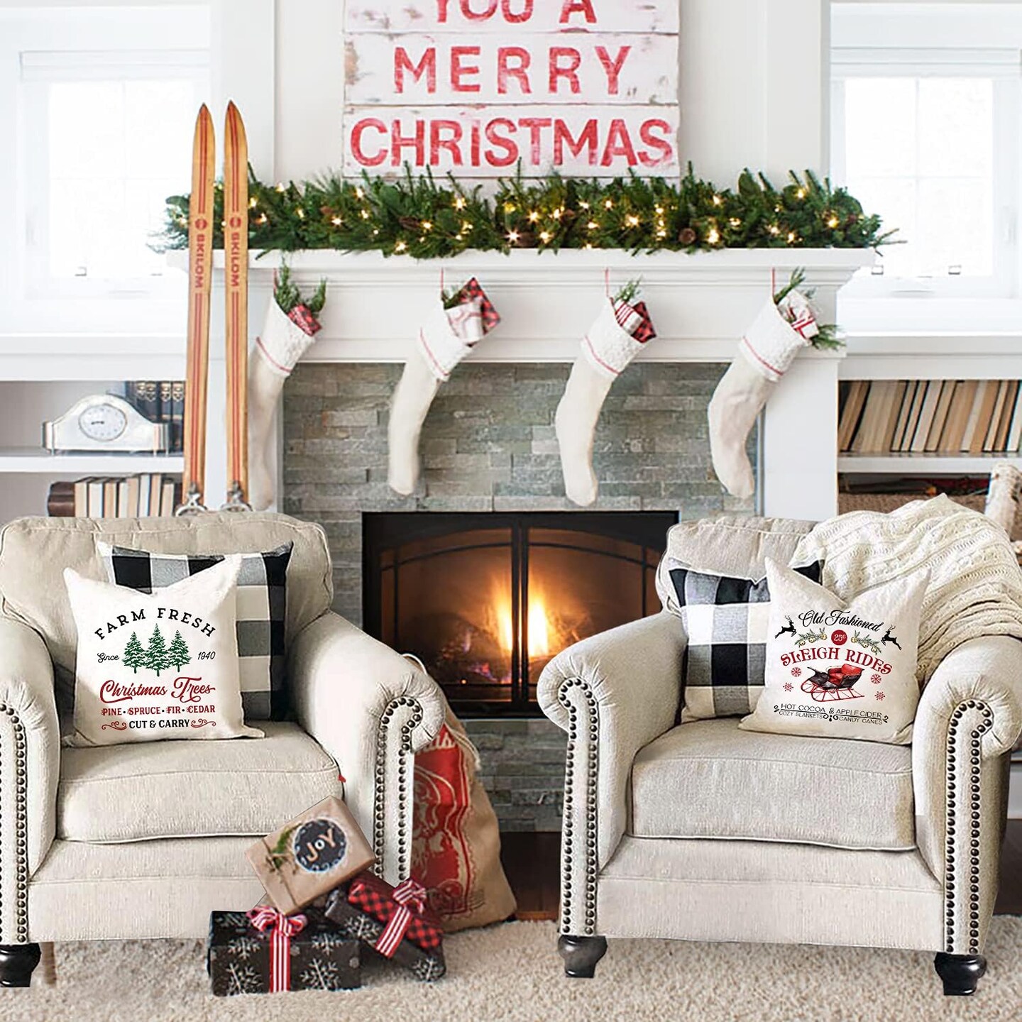 Farmhouse Christmas Pillow Covers 18x18 Set of 4 Rustic Winter Holiday Xmas Decor Christmas Decorations Cushion Cases for Couch Tree Candy Canes Cocoa Sleigh Rides (18&#x22;x18&#x22;)