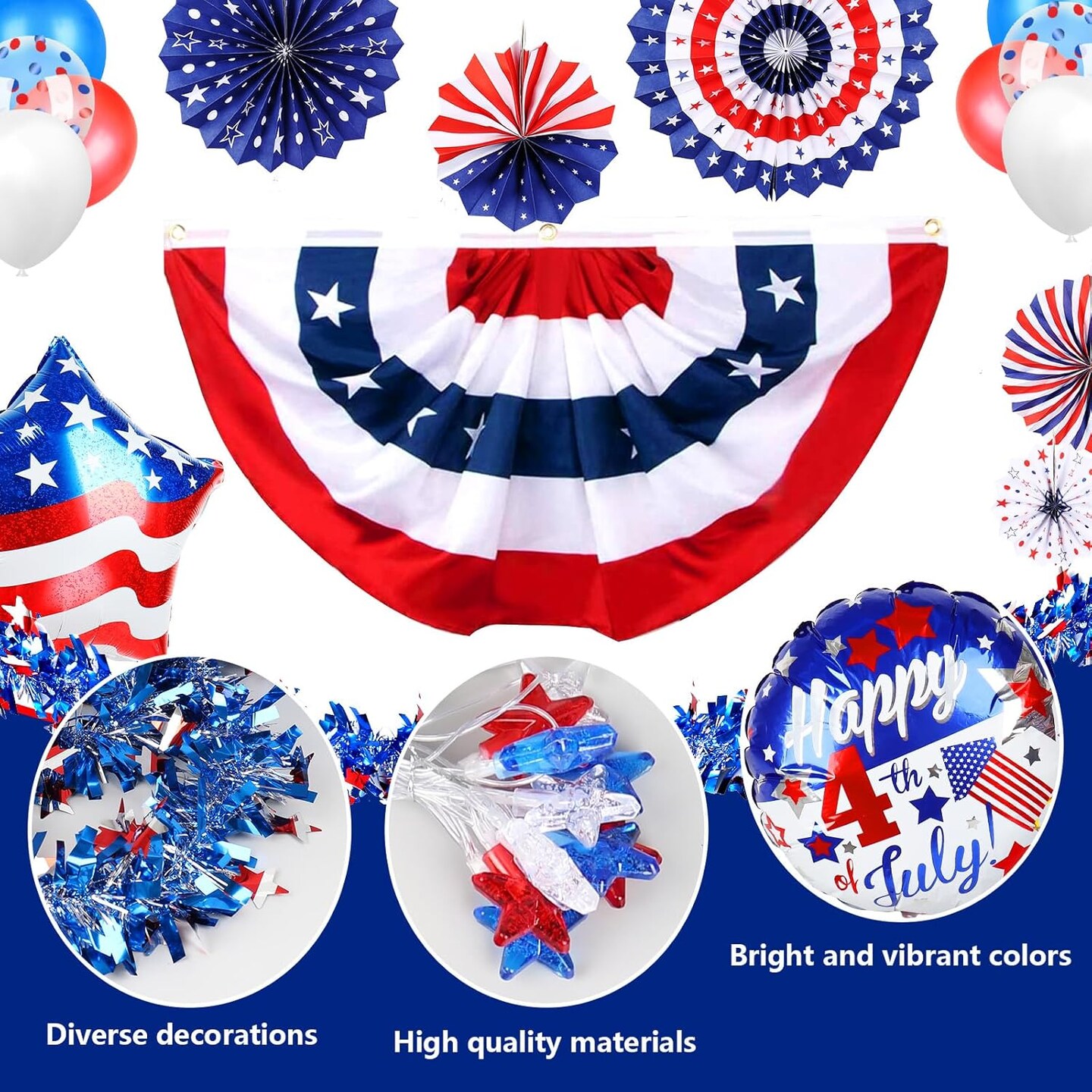 46 PCS 4th of July Golf Cart Decorations, Patriotic Independence Day Decor with Luminous Pentagram Rope, Balloons, Flags, Windmill and Tassel, Used for Outdoor Party