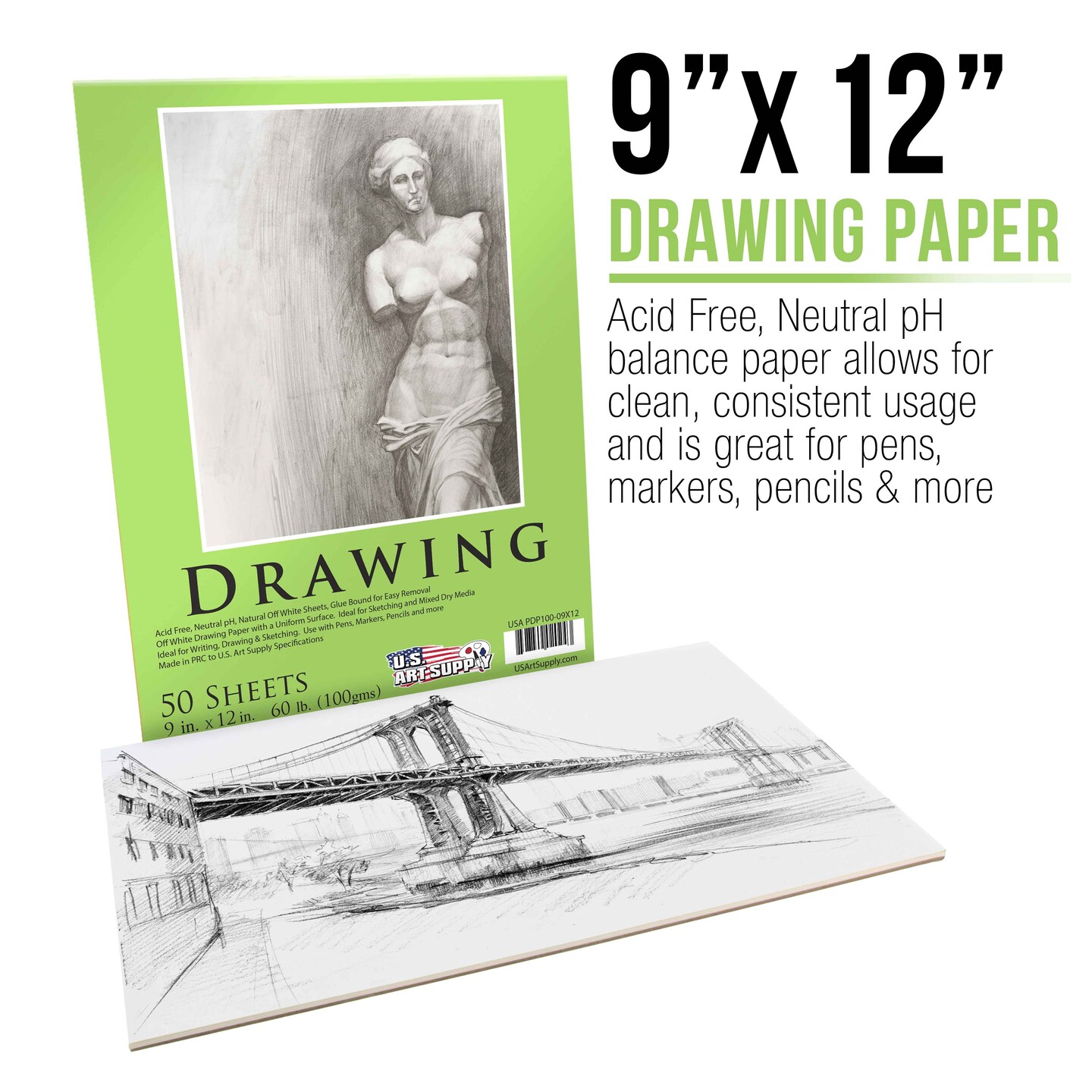 9&#x22; x 12&#x22; Premium Drawing Pad, Pack of 2 (50 Sheets Each), 60 lb (100 gsm) - Artist Sketch Book, Mixed Media Paper, Sketchbook for Drawing, Colored Pencils, Charcoal - Adults, Students