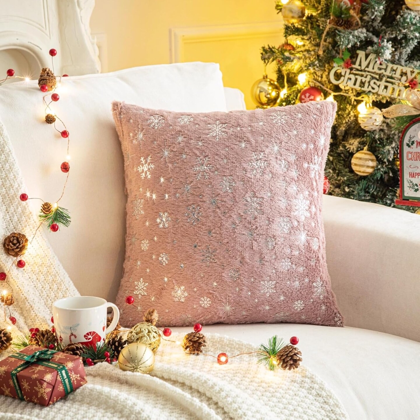 Soft Faux Fur Fuzzy Cute Decorative Throw Pillows Covers with Snowflake Glitter Printed Pillowcases for Christmas Decor Home Bed Room Sofa Chair Couch, Pink 18x18 inch, Pack of 2