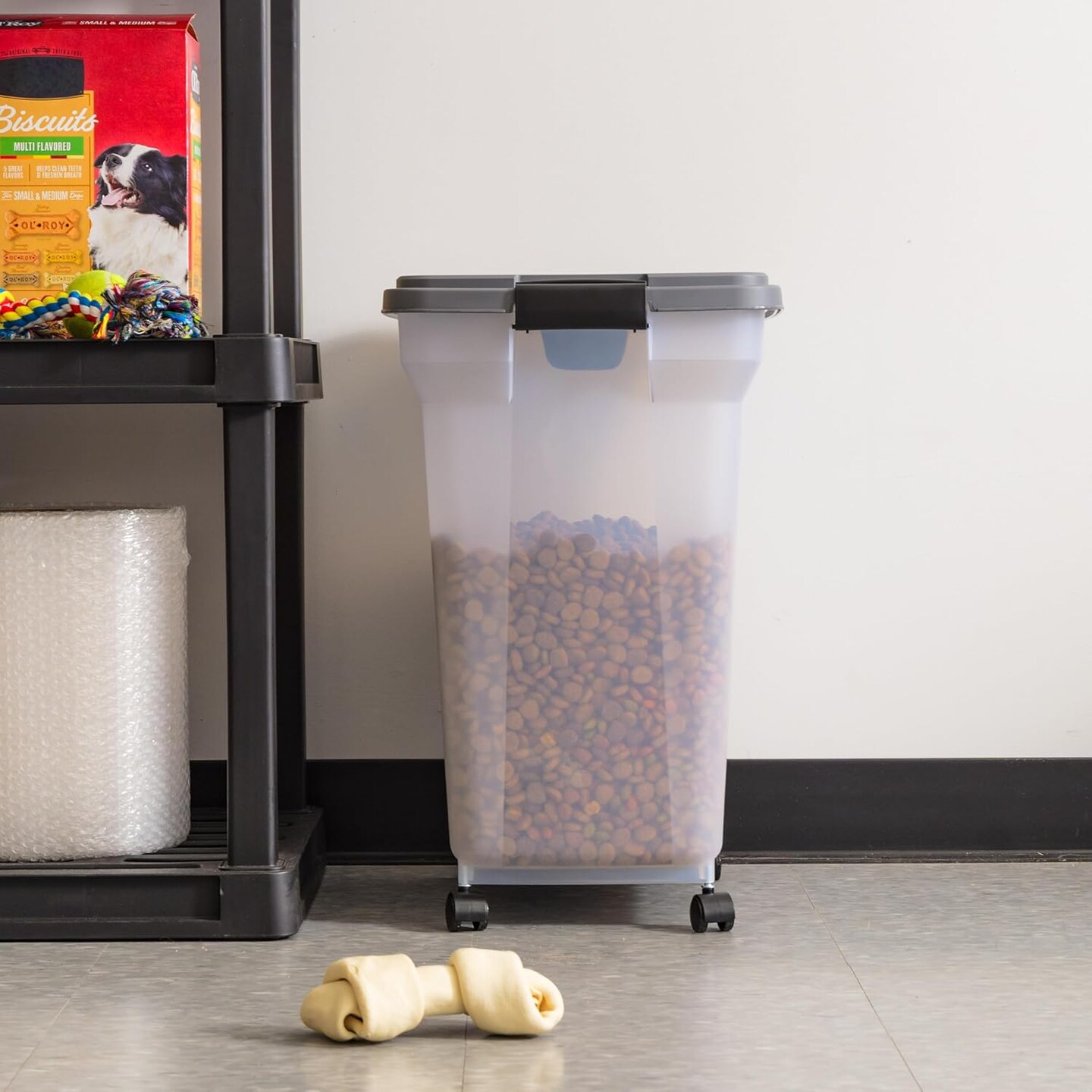 IRIS USA Dog Food Storage Container 40 lbs, Attachable Wheels, & Included Scoop, for Dog Cat Birds and other Pets, Dark Gray