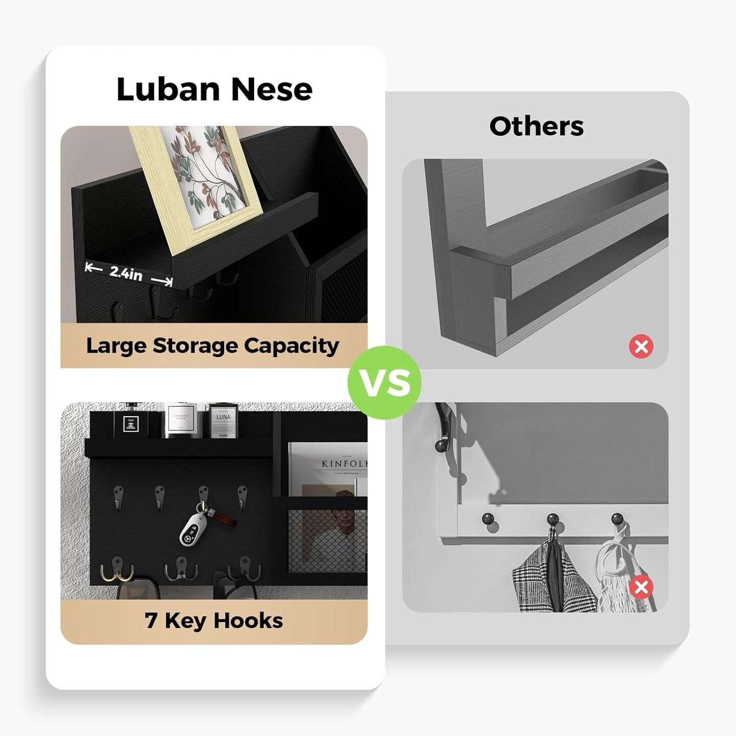 Farmhouse Wall-Mounted Key Holder with Shelf and Mail Organizer – Rustic Pine Wood Key Rack with 7 Hooks, Entryway Organizer, and Bonus Photo Frame, Rustic Black, 16" x 8"