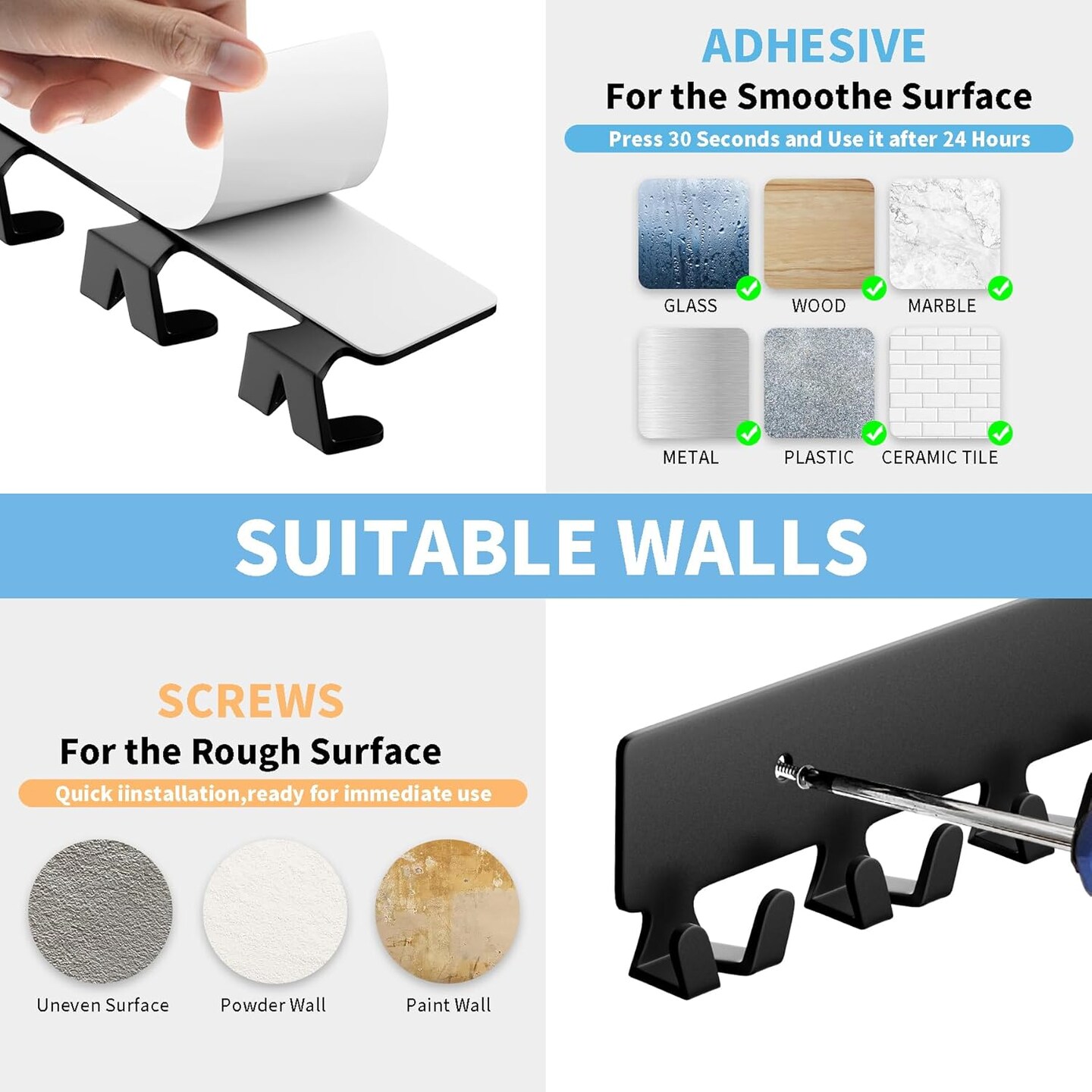 Wall-Mounted Key Holder with 12 Hooks – Self-Adhesive or Screw Installation, Matte Black Key Rack for Entryway, Hallway, Kitchen, Office, or Garage (Black)