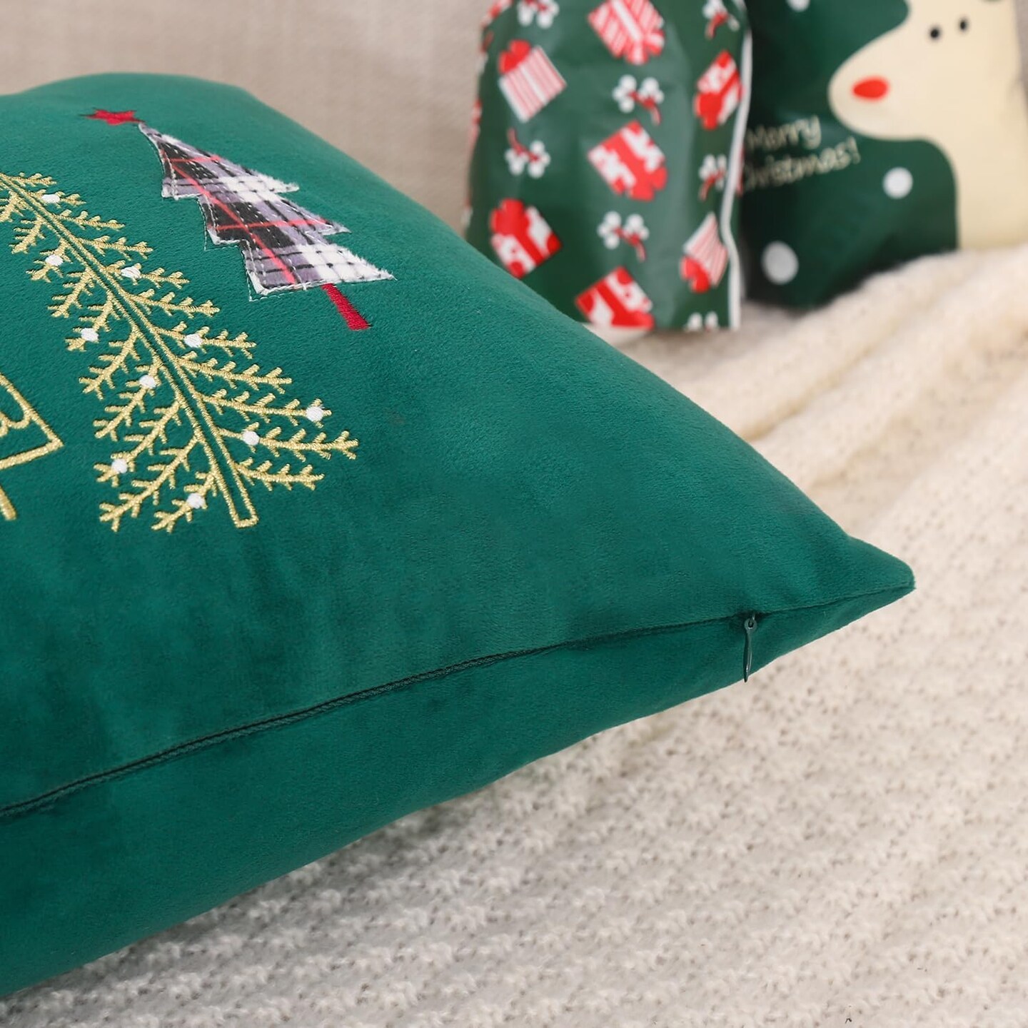 Christmas Embroidery Throw Pillow Covers 18x18 inch Set of 2 Christmas Dec Velvet Pillowcases Forest Green Christmas Tree Cushion Pillow Cases Soft Square Holiday Pillowcase