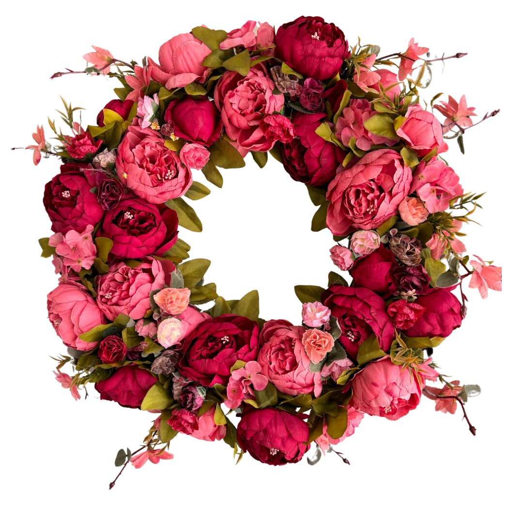 Zoey Large Burgundy Red Peachy Pink Faux Peony Flower Wreath 23" All Season Indoor Outdoor Decor Fall Autumn
