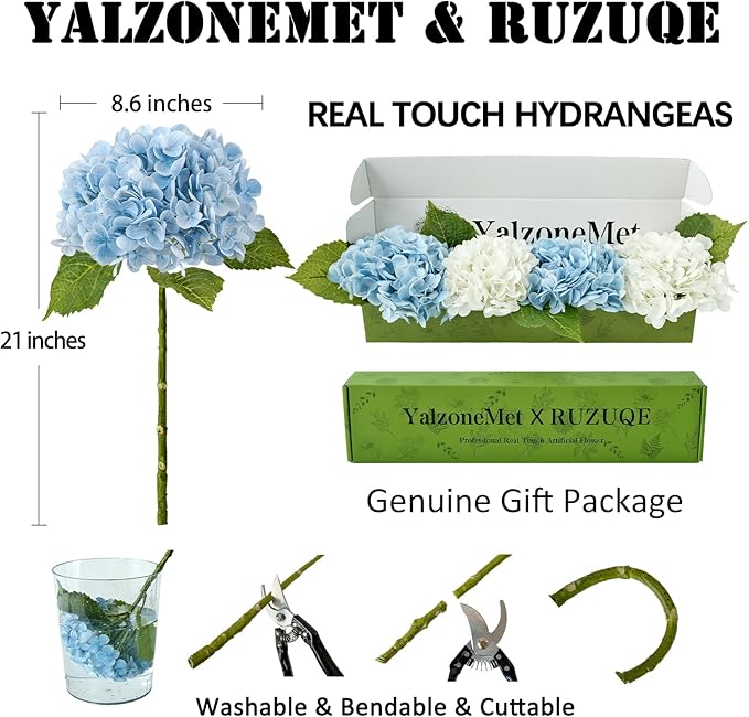 Hydrangea Artificial Flowers 4 Pcs 2 White 2 Light Blue 21 inch Long Rod Real Touch Lifelike Fake Latex Hydrangea for Home Party Outdoor Wedding Gifts Christmas Decor Table Centerpiece