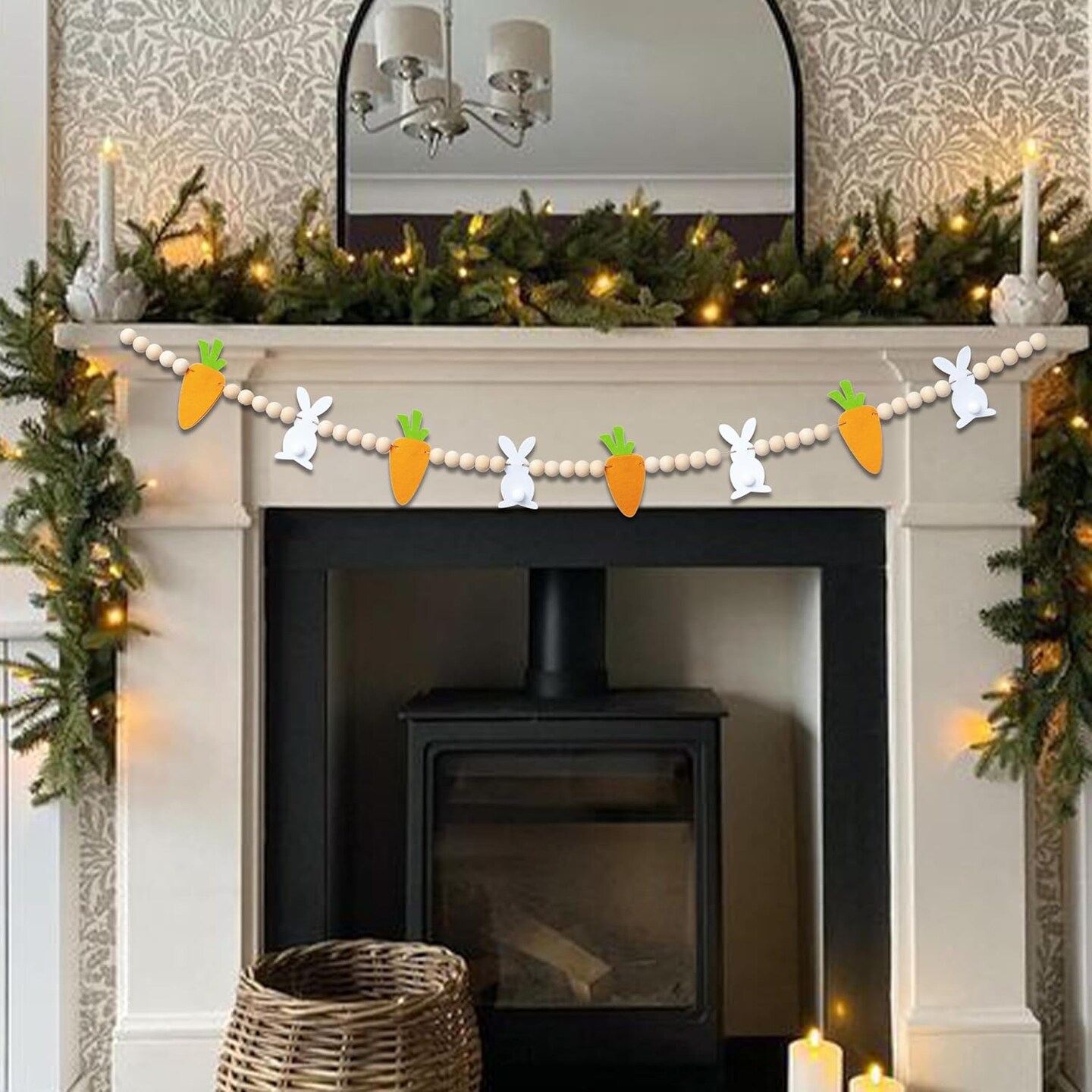 Easter Bunnies & Carrots Garland – Felt Bunny & Wooden Beads Banner for Wall, Fireplace, Party Table & Spring Decorations