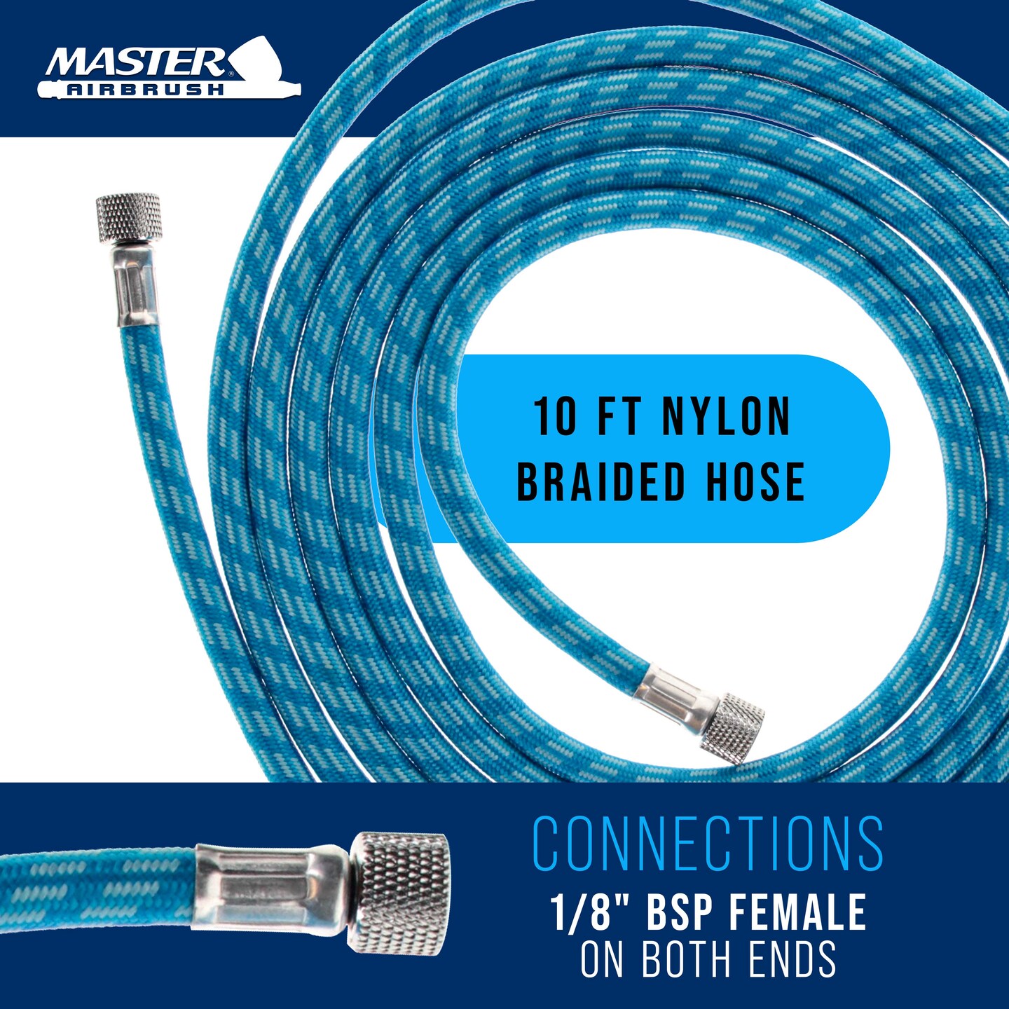Master Airbrush Super Premium 10 Foot Nylon Braided Airbrush Hose with Silicone Tubing - Standard 1/8" Size Fitting Ends, Flexible, Durable